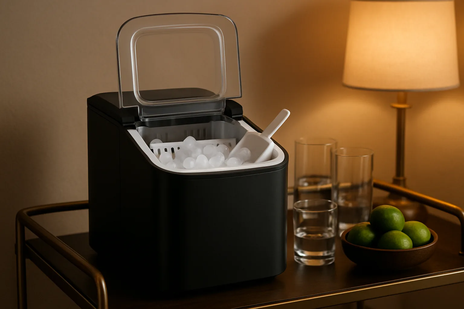 Small black countertop ice maker with its lid open showing a basket of bullet ice cubes on a home bar cart beside glasses and limes