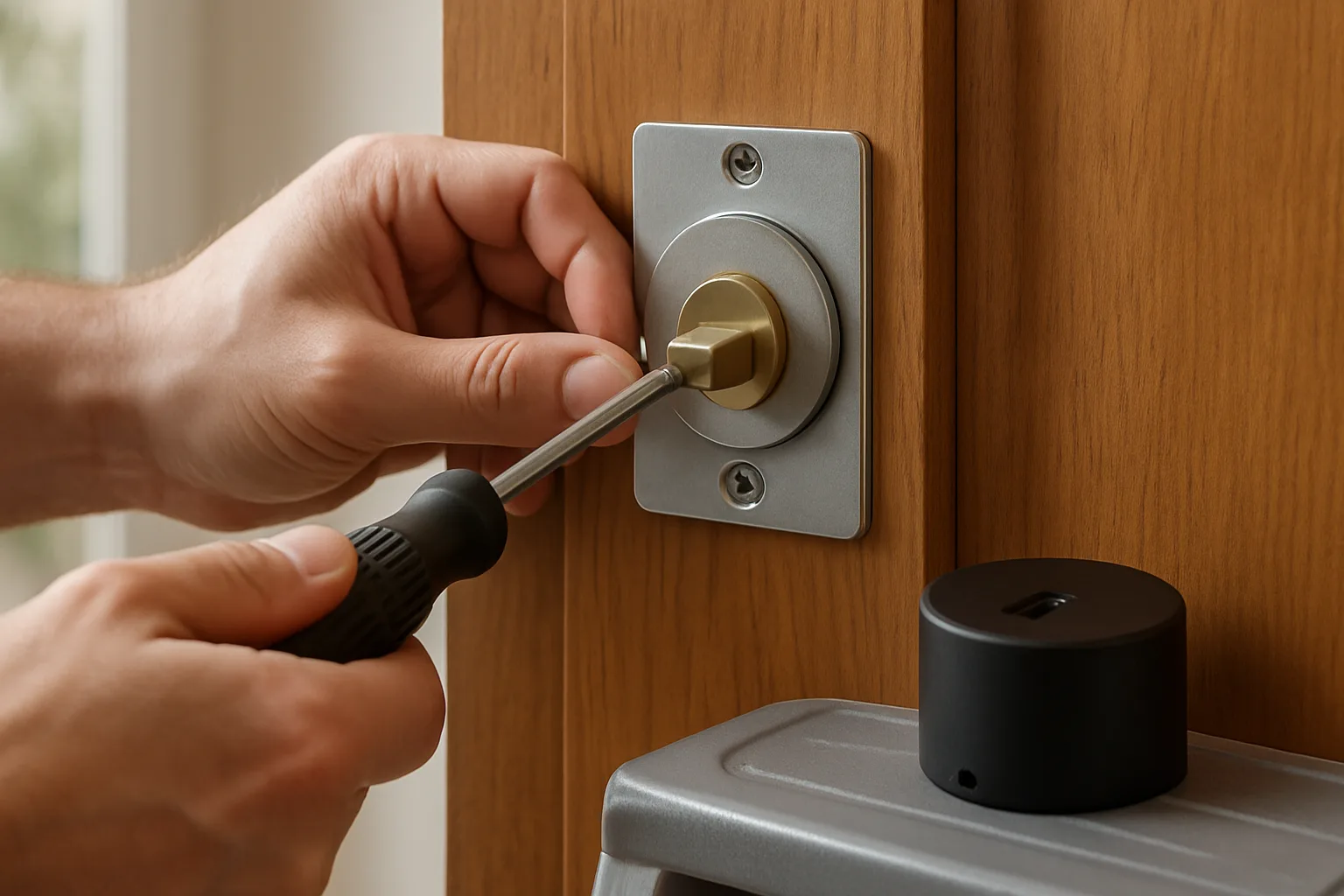 Hands using a screwdriver to fit a mounting plate over a deadbolt thumb turn before attaching a retrofit smart lock