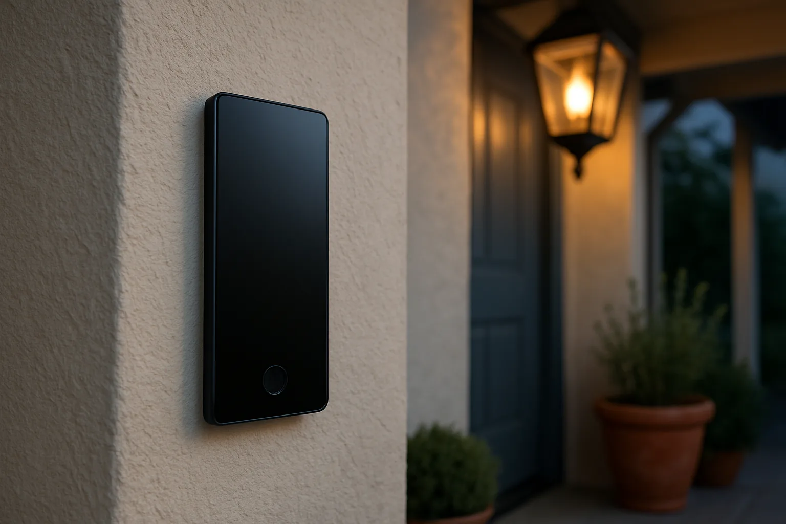 Slim black wireless keypad with a fingerprint sensor mounted on a stucco wall beside a front door at dusk