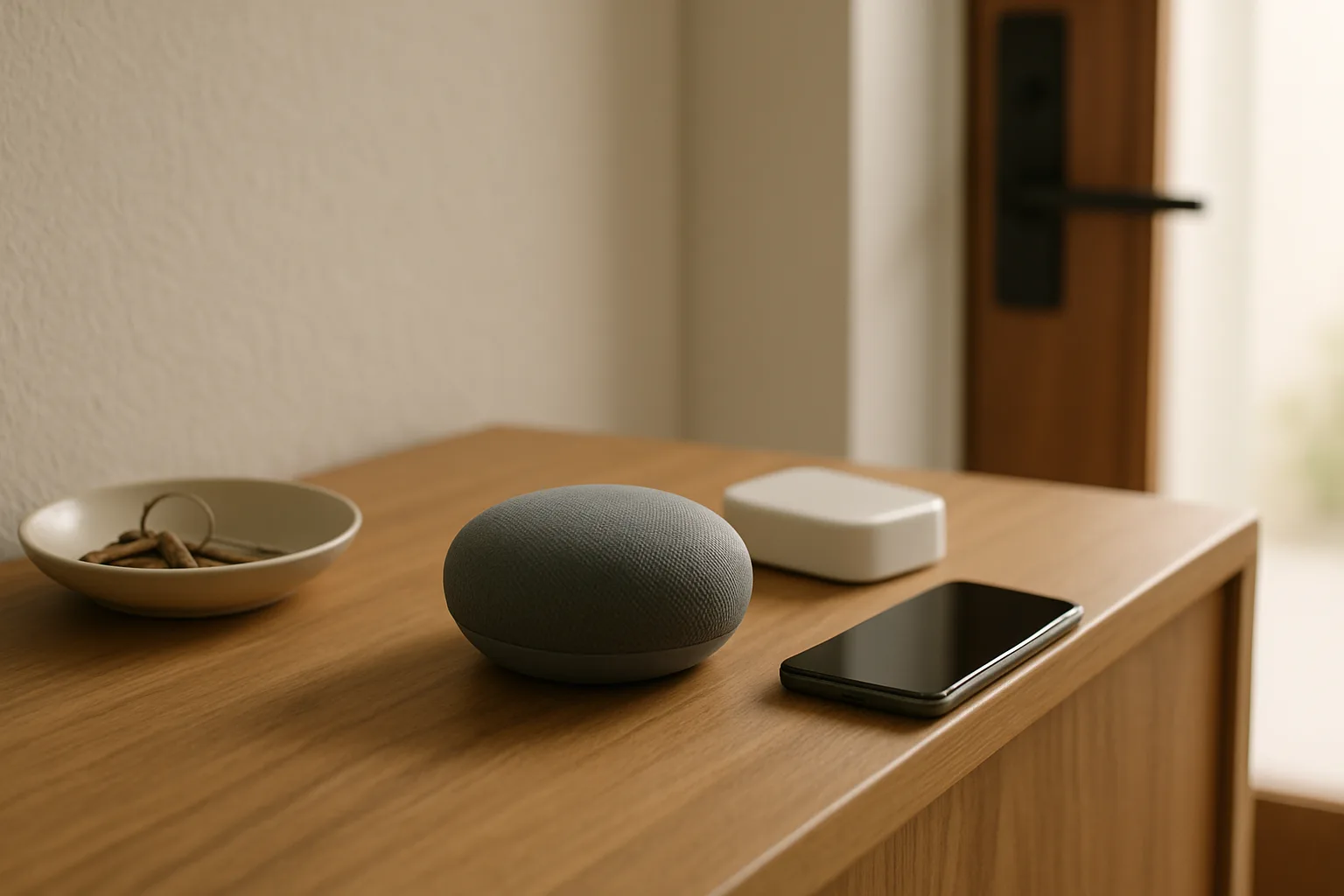 Round smart speaker and small hub on an entryway console table next to a phone and a dish of house keys