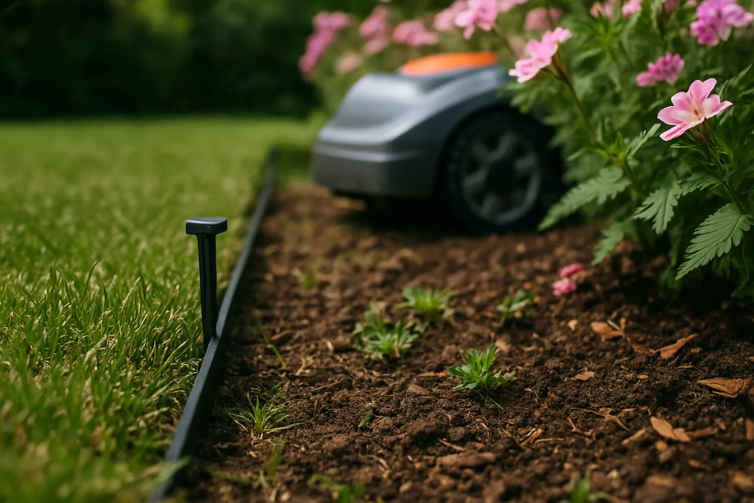 Thin black magnetic strip pegged along a flower bed edge to keep a small robot mower out