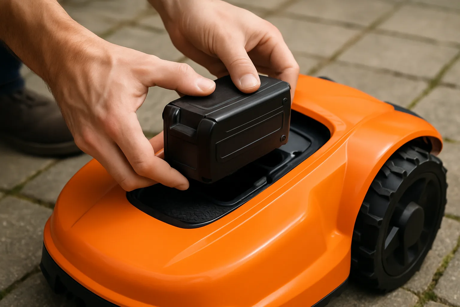 Hands sliding a removable battery pack into a small orange robot lawn mower on a patio
