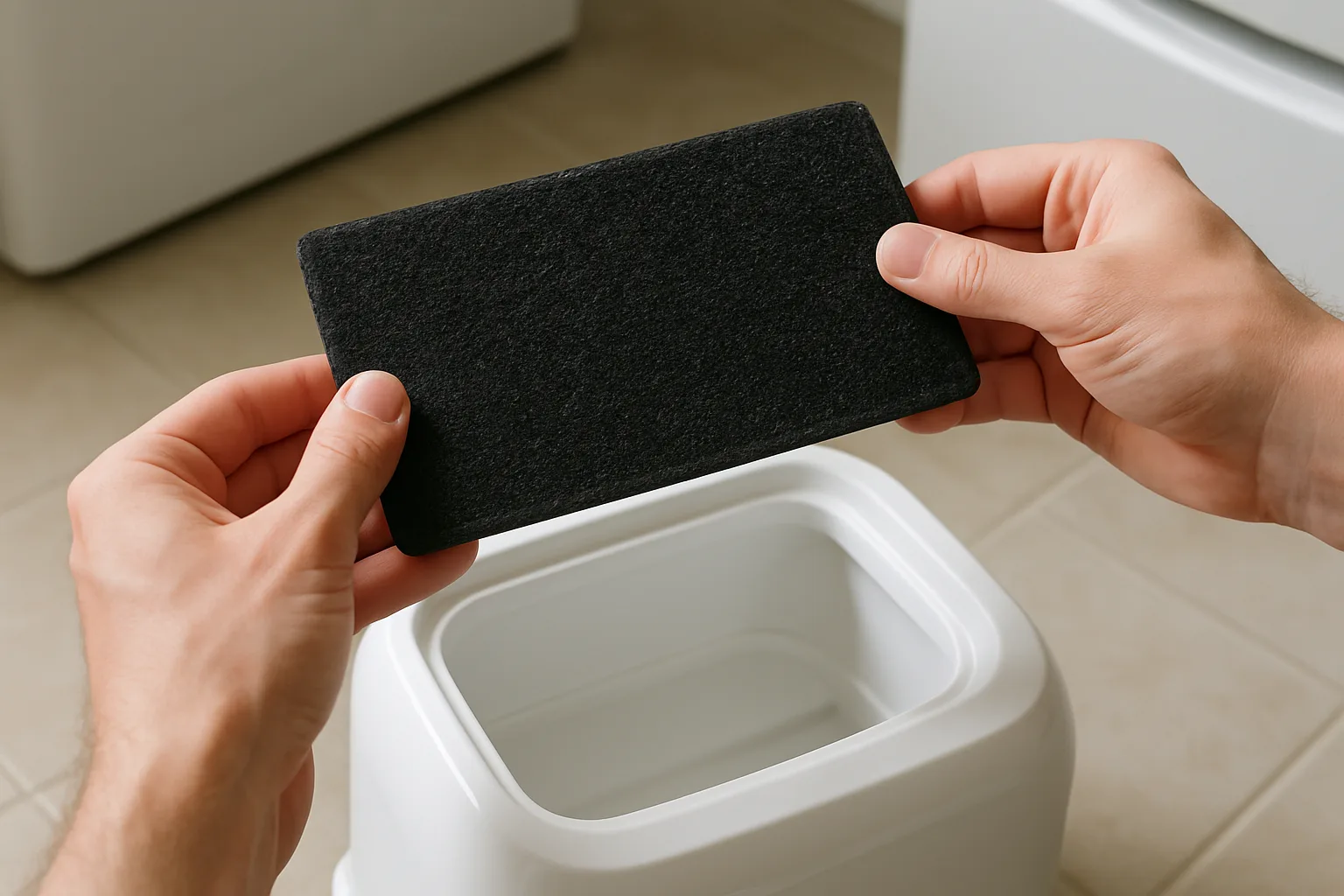 Two hands holding a black activated charcoal filter pad above a white plastic pet appliance on a tile floor