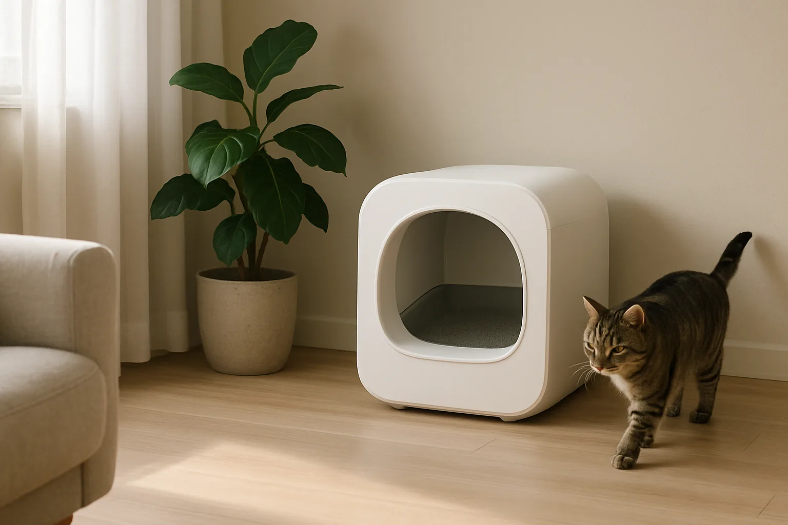 White open-front automatic litter box beside a houseplant in a sunlit living room as a tabby cat walks past