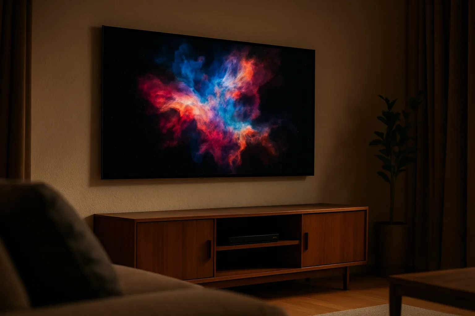 Ultra-thin flat-panel TV hung flush on a living room wall showing a colorful abstract image against deep black in a dim room
