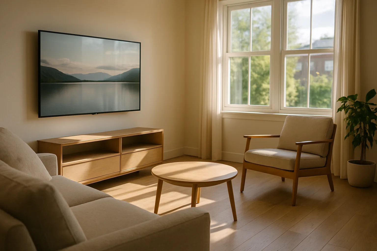 Bright living room with large windows facing a wall-mounted TV, showing faint window reflections on the screen