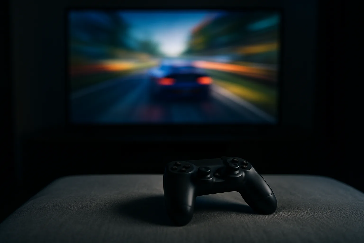 Generic black game controller on a sofa cushion in front of a large TV showing a blurred racing scene in a dark room