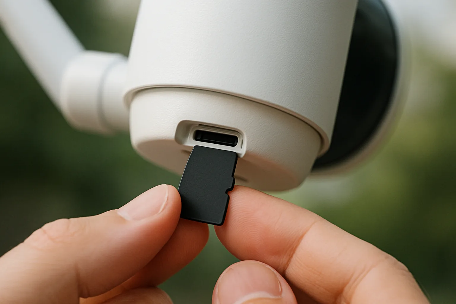 Fingertips sliding a blank memory card into the slot of a white outdoor security camera