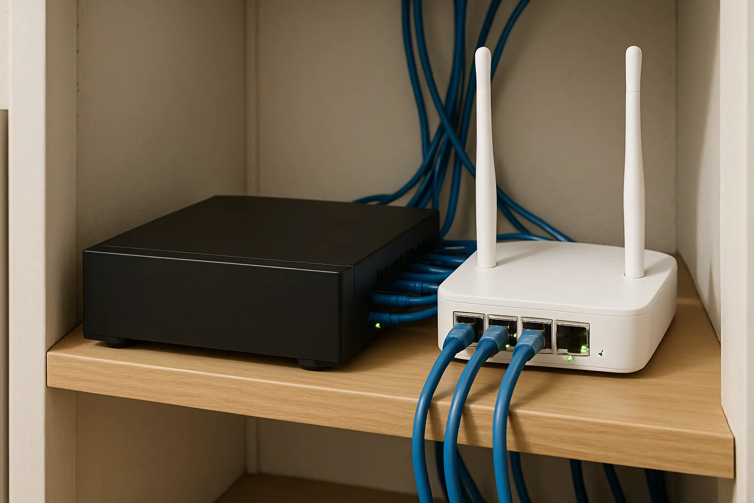 A small black network video recorder on a closet shelf beside a router with blue ethernet cables