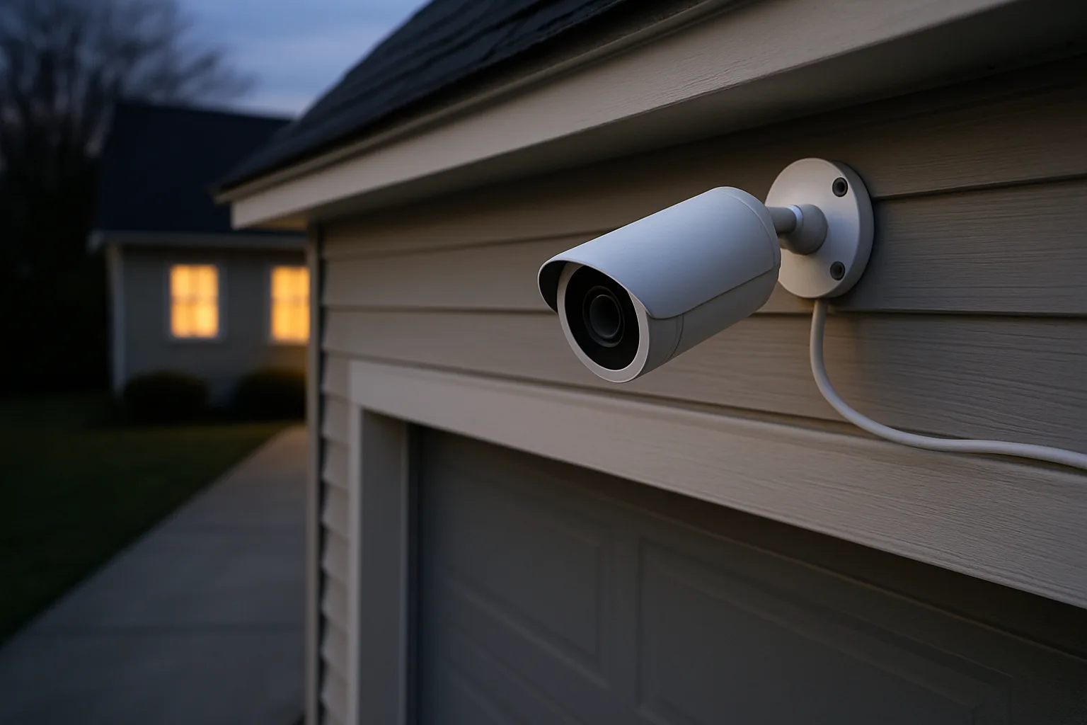 A white wired bullet security camera mounted above a garage door overlooking a driveway at dusk