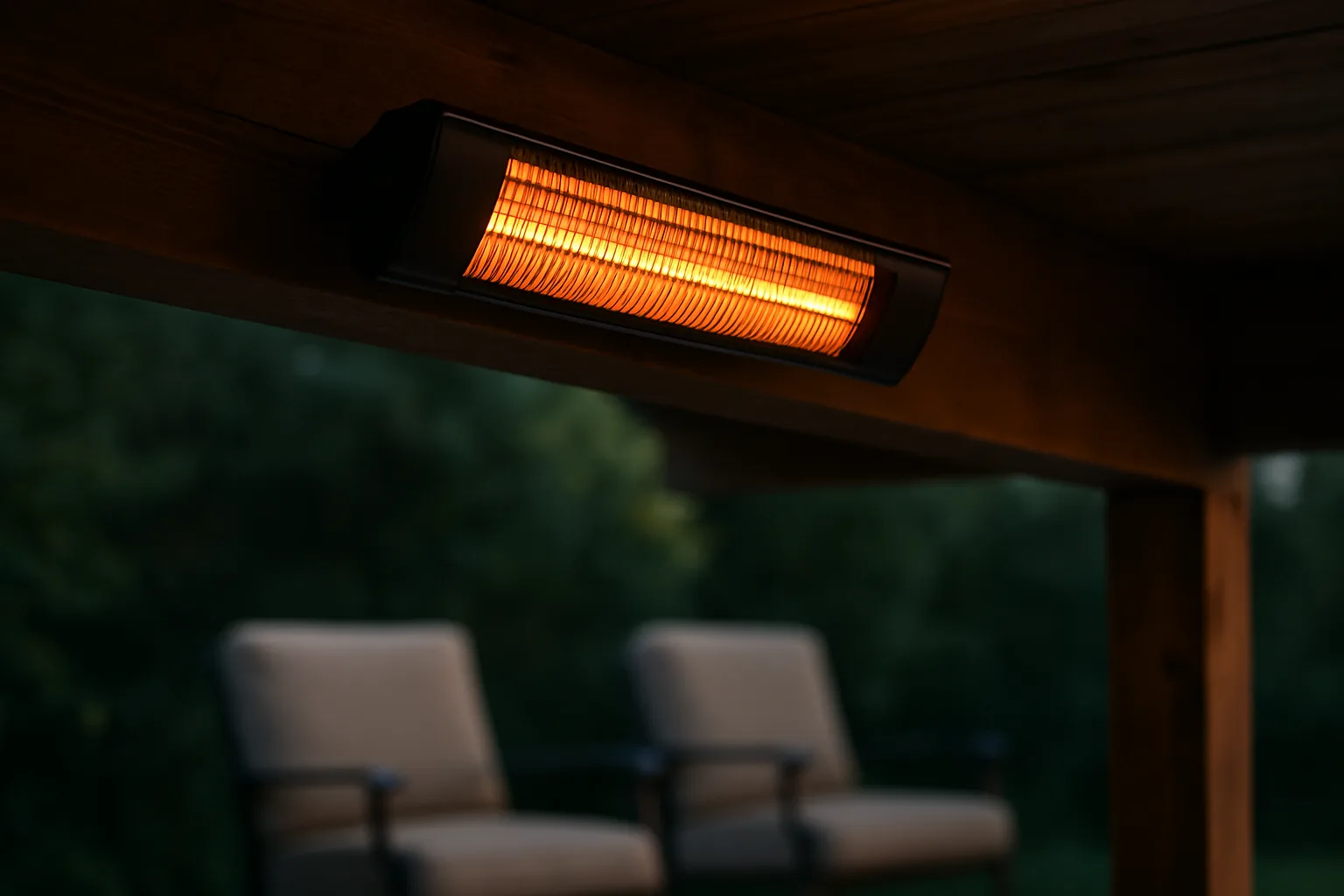 Electric infrared patio heater mounted on a covered porch beam, glowing above two outdoor chairs at dusk