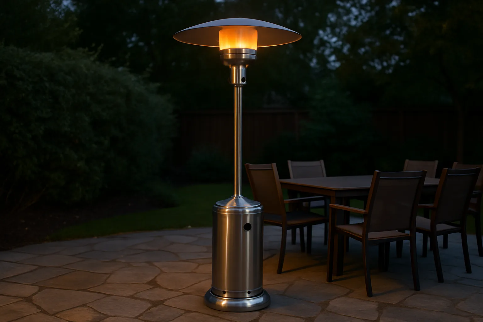Tall freestanding propane patio heater with a reflector top warming an open backyard patio with chairs and a dining table in the evening