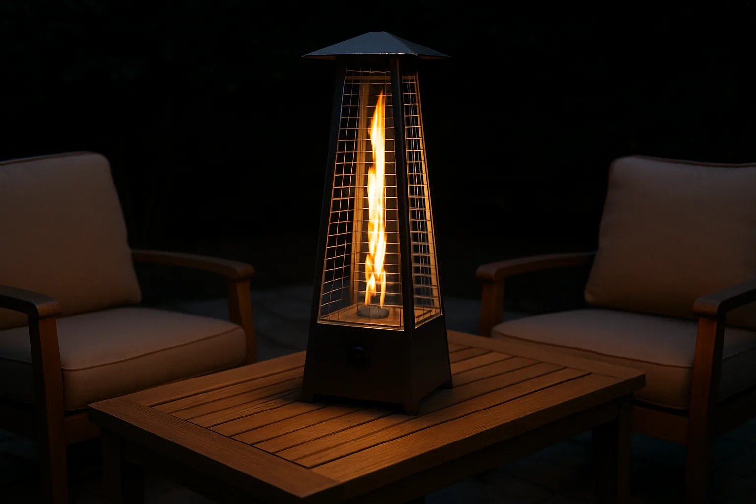 Small tabletop pyramid propane heater with a visible flame on a patio table between two cushioned chairs at night