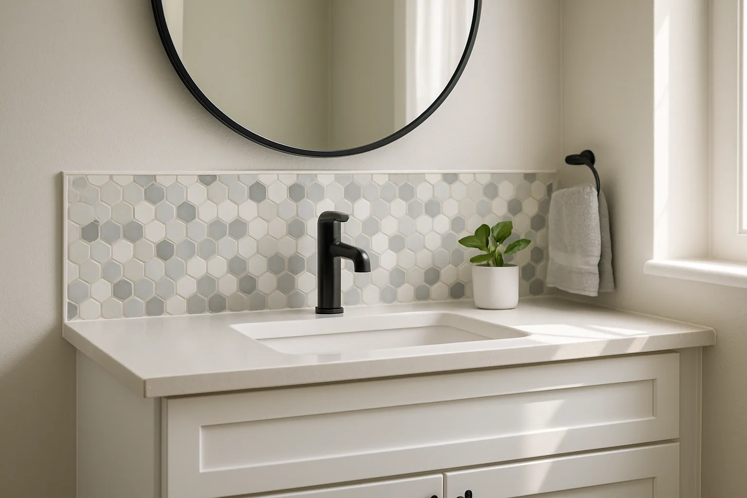 Bathroom vanity with a white and gray hexagon mosaic peel-and-stick backsplash above the sink and faucet