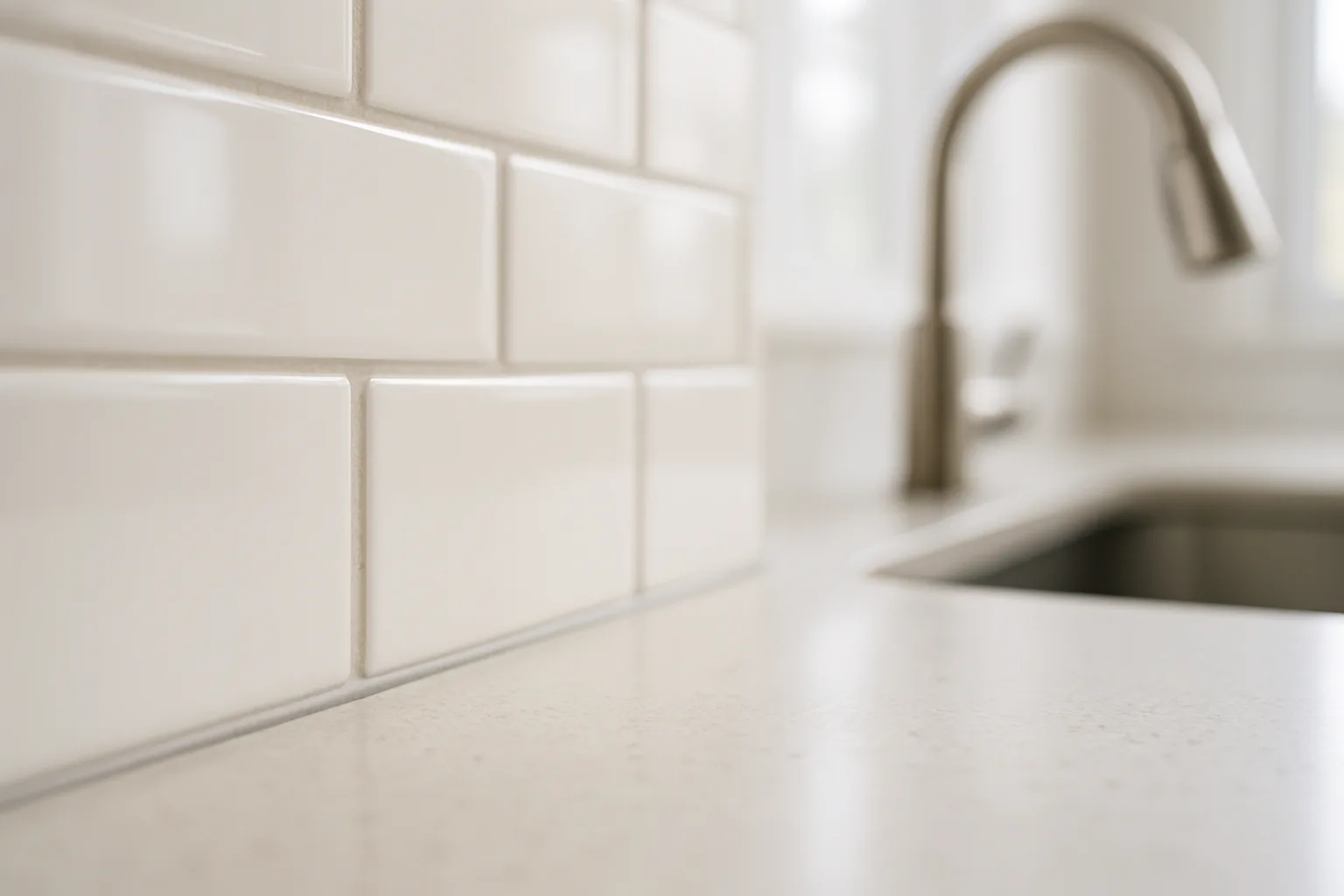 Close-up of a white subway-style peel-and-stick backsplash meeting a quartz countertop, sealed with a thin bead of light gray caulk