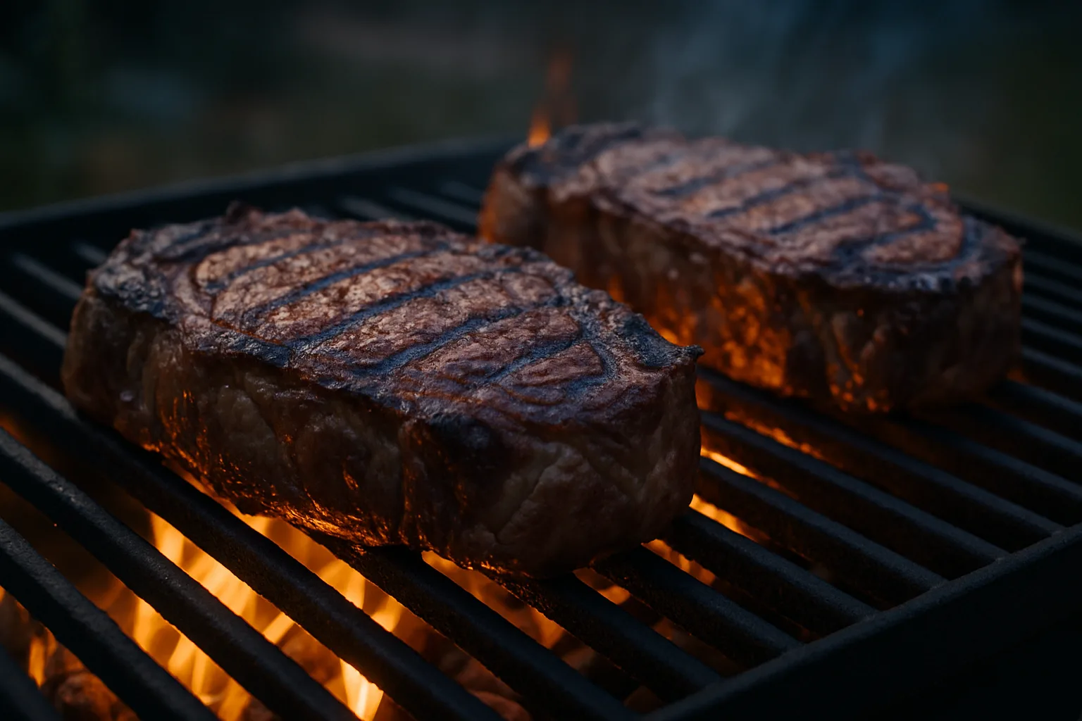 Thick steaks searing over open flame on the cast grates of a pellet grill, flames visible between the bars