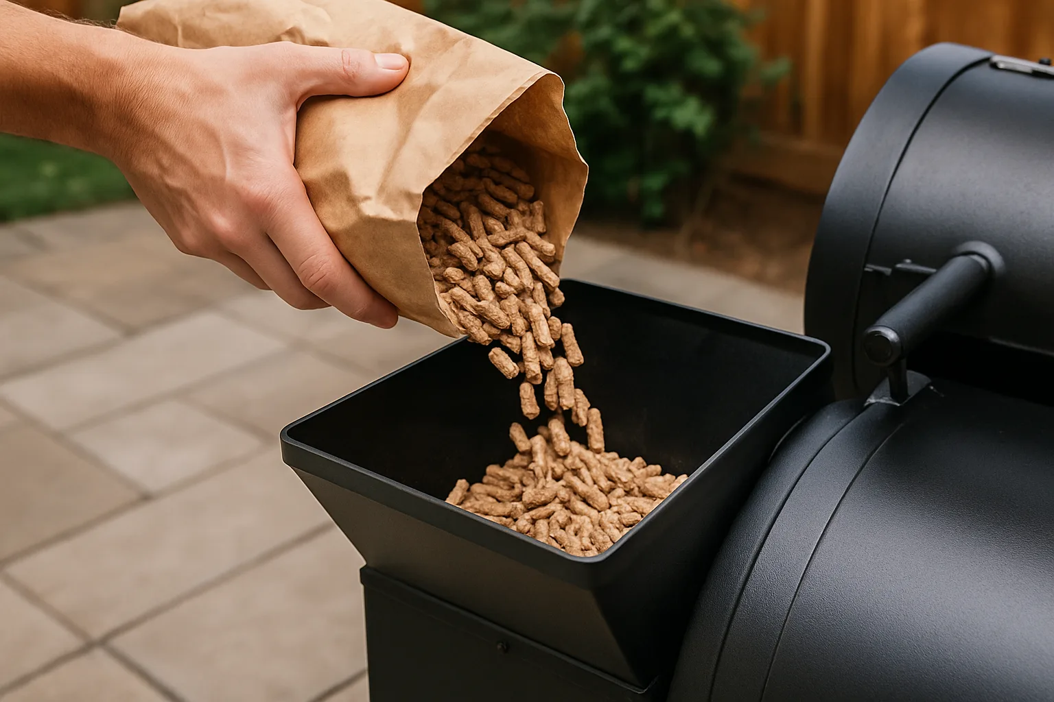 Hand pouring hardwood pellets into the hopper of an unbranded pellet grill on a backyard patio