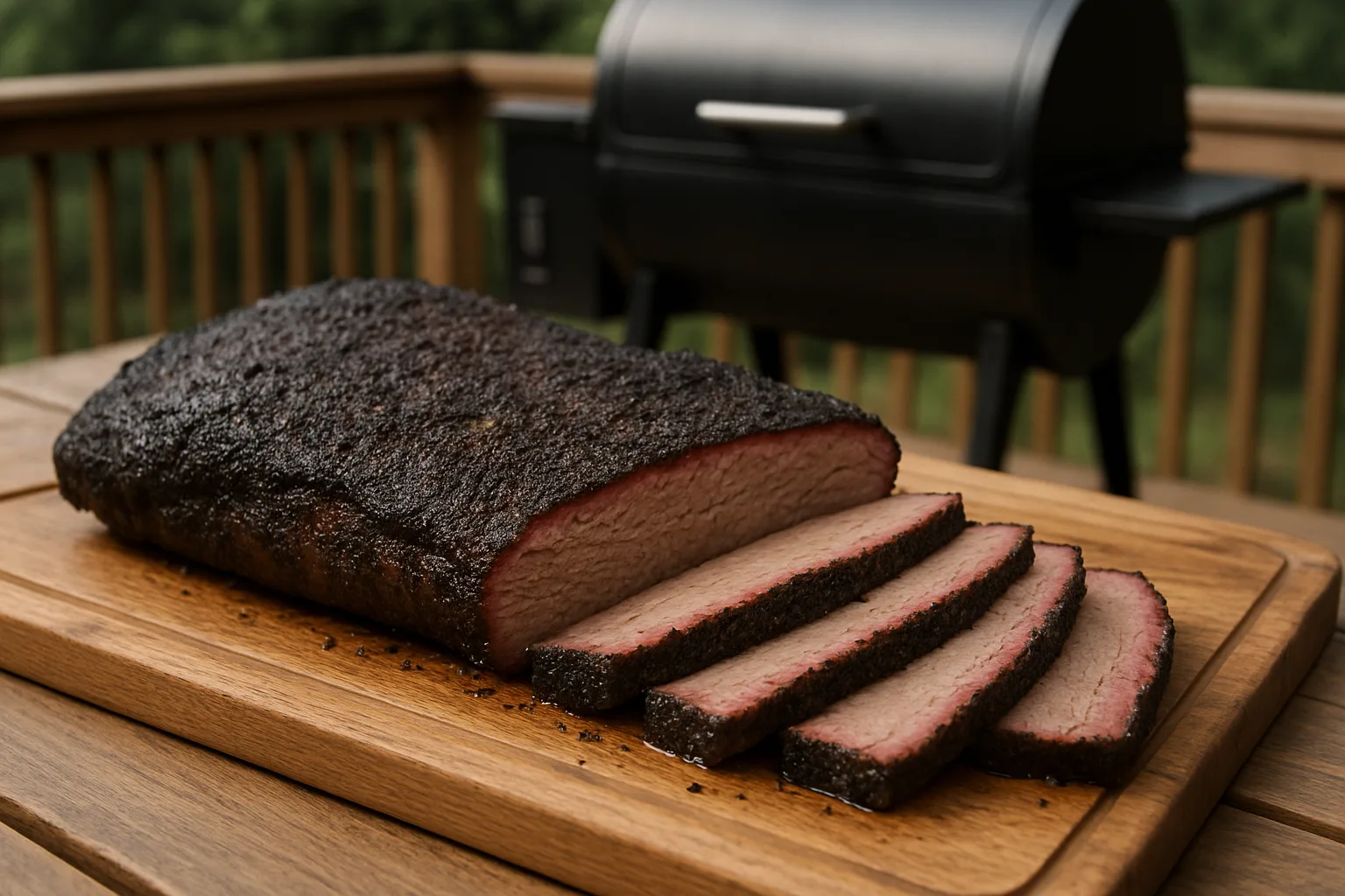 Smoked brisket with dark bark resting on a wooden cutting board beside a pellet grill on a backyard deck