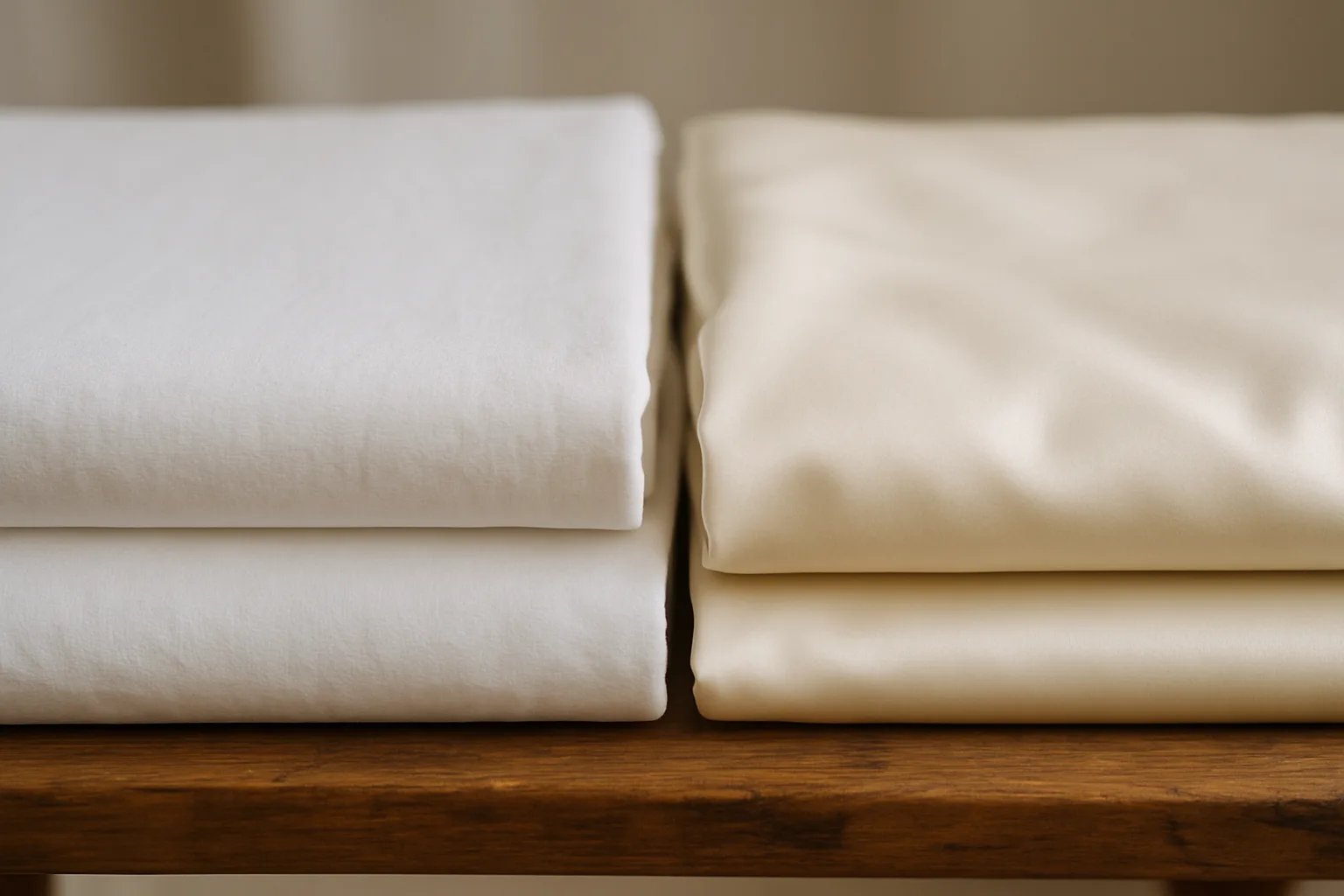 A folded matte white percale sheet next to a folded ivory sateen sheet with a soft sheen