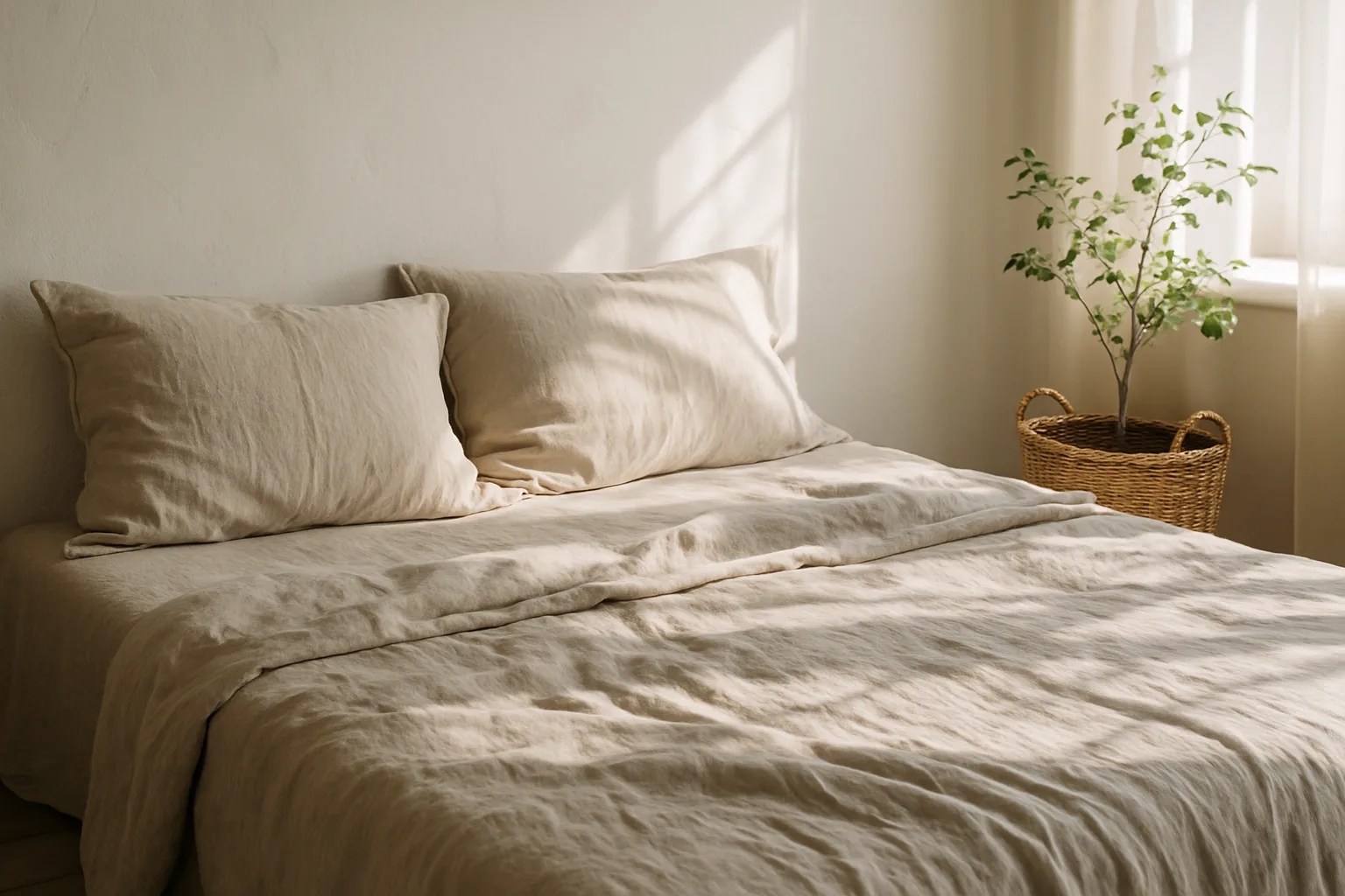 A bed made with naturally wrinkled oatmeal-colored linen sheets in a sunlit white bedroom