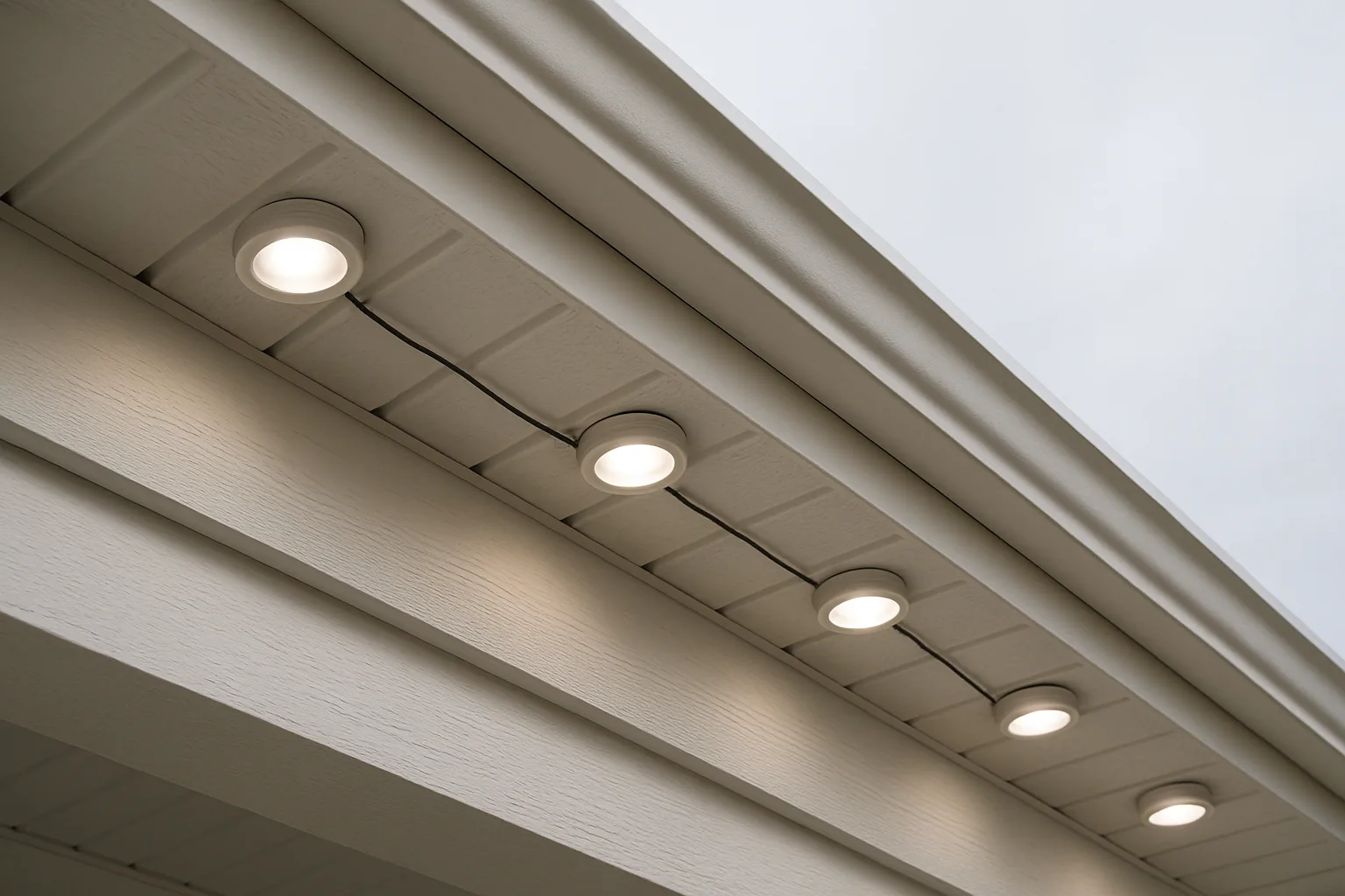 Row of permanent outdoor LED light pucks mounted evenly along a white soffit with the cable clipped neatly between them
