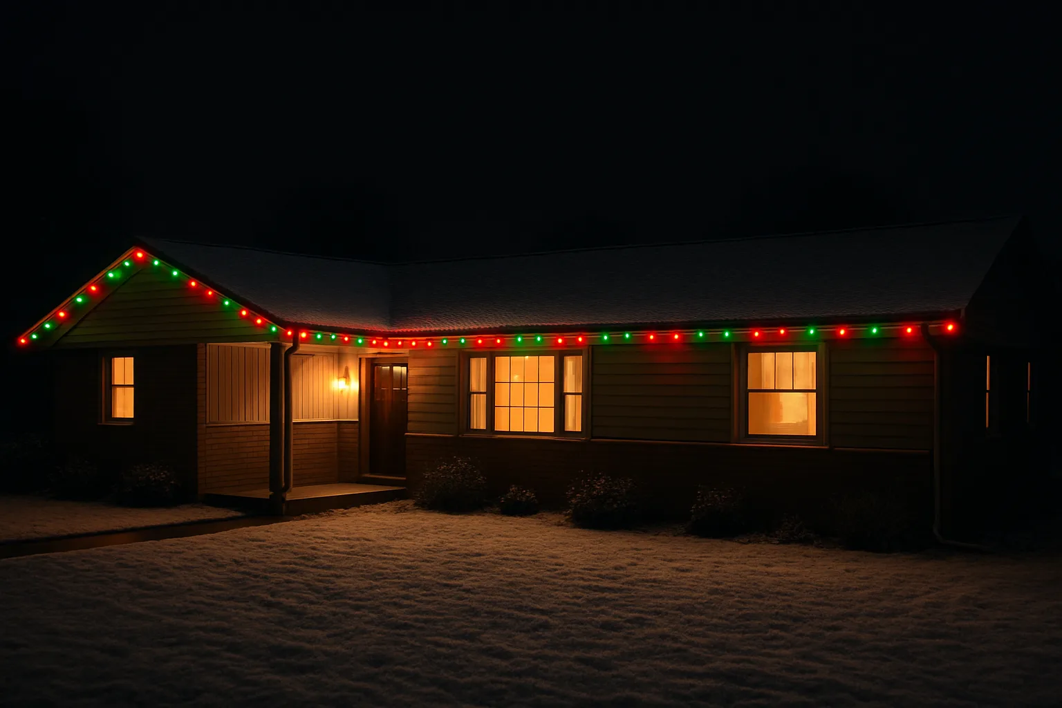 Ranch-style house at night with permanent eave lights showing a red and green holiday pattern over a snowy lawn