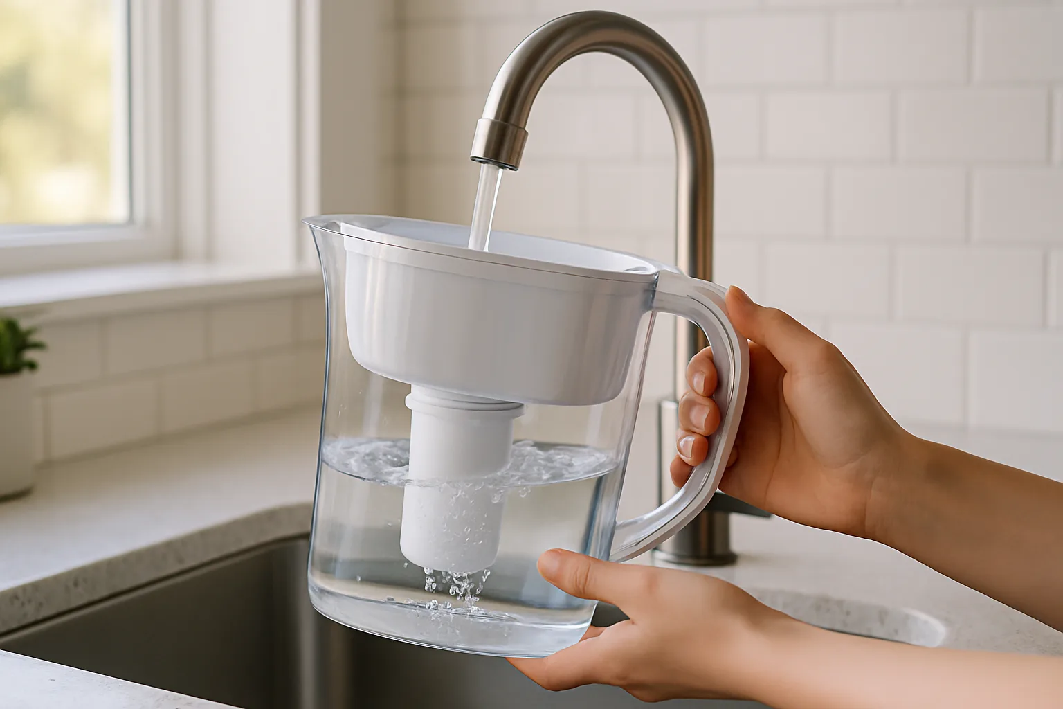 Filling a water filter pitcher reservoir at the kitchen faucet