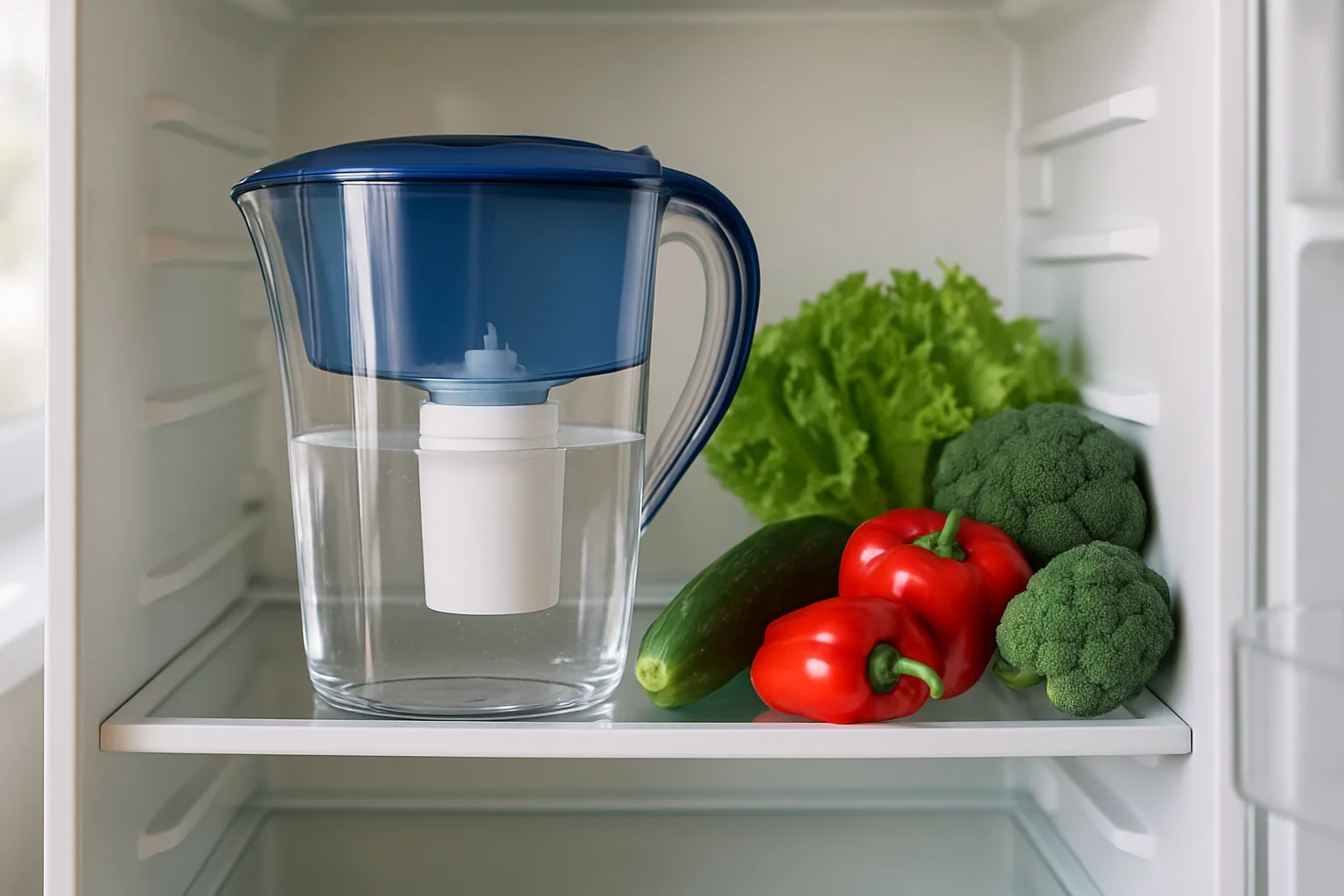 A water filter pitcher chilling on a refrigerator shelf beside fresh vegetables