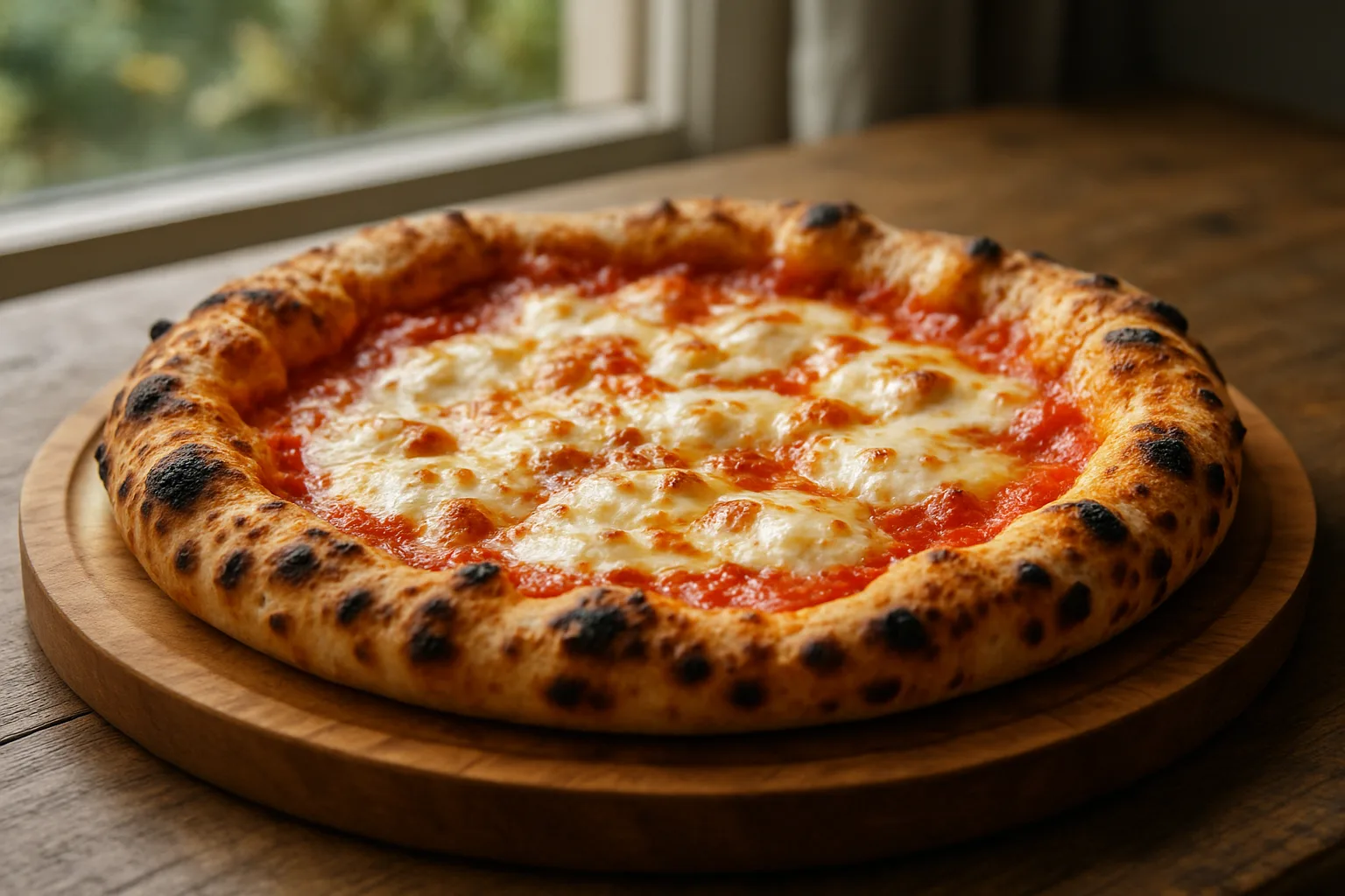 A Neapolitan-style pizza with a blistered, leopard-spotted crust
