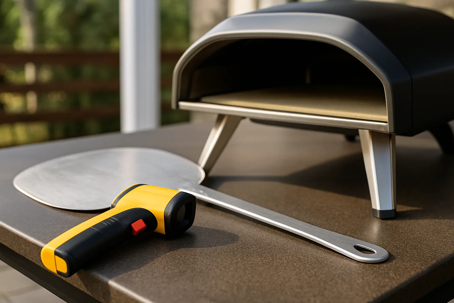 An infrared thermometer and a turning peel beside a portable pizza oven