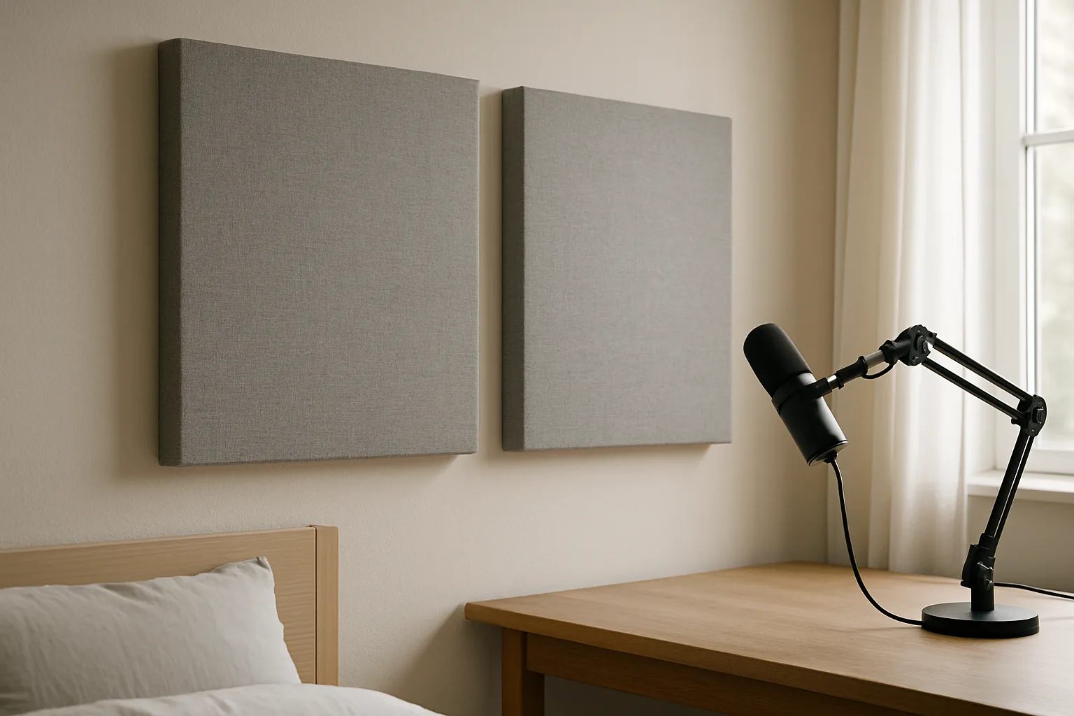 Fabric-wrapped acoustic panels on a bedroom wall beside a desk microphone