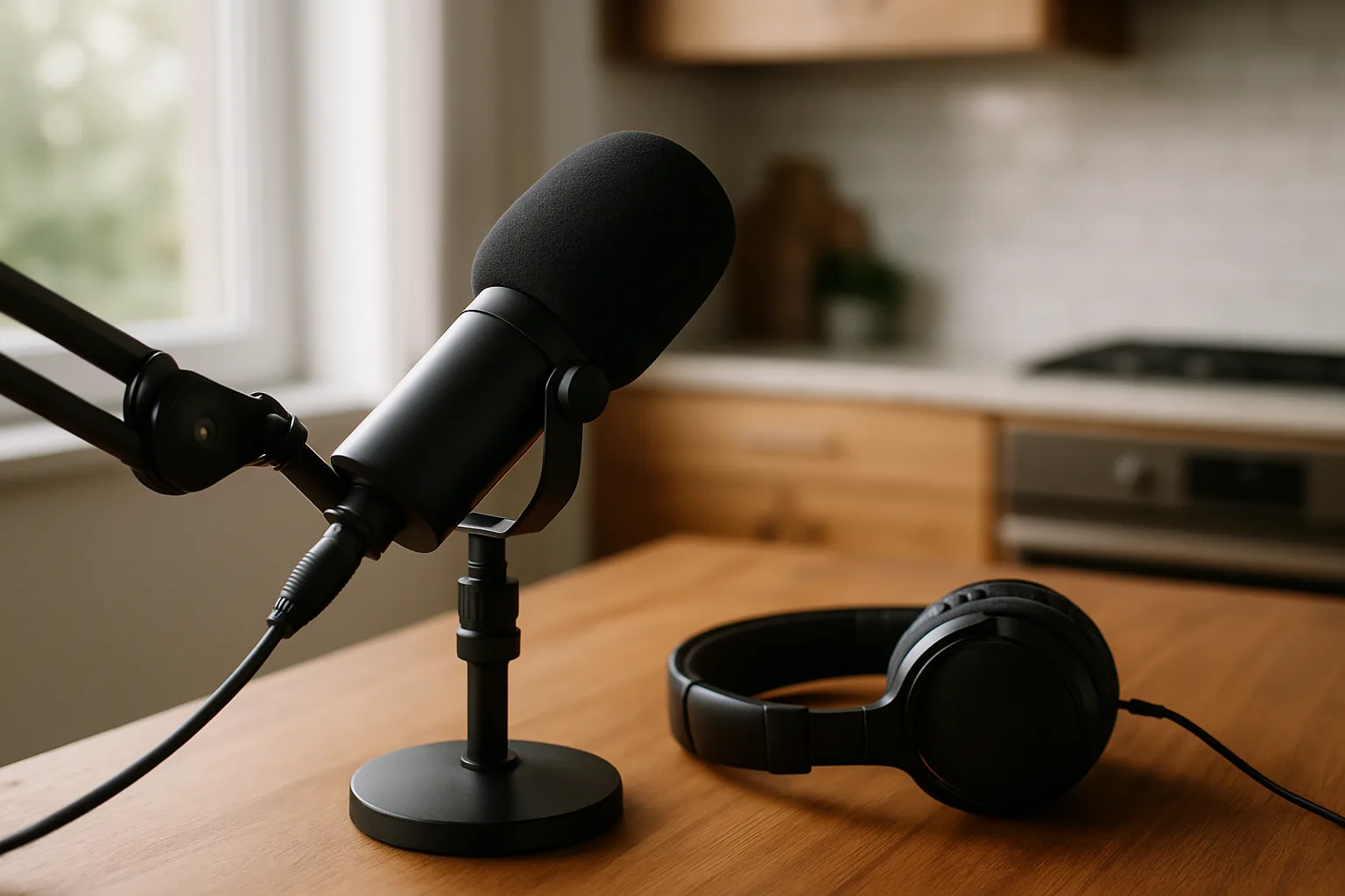 A dynamic podcast microphone with a foam windscreen and headphones on a desk