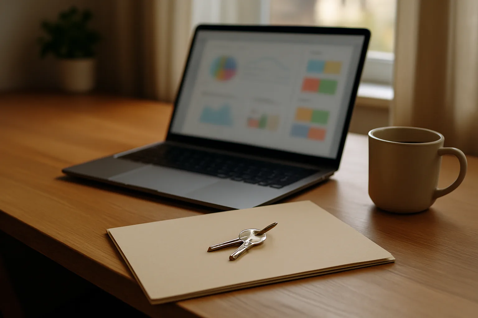Landlord's desk with a laptop showing a rental dashboard of charts, house keys on a folder and a coffee mug