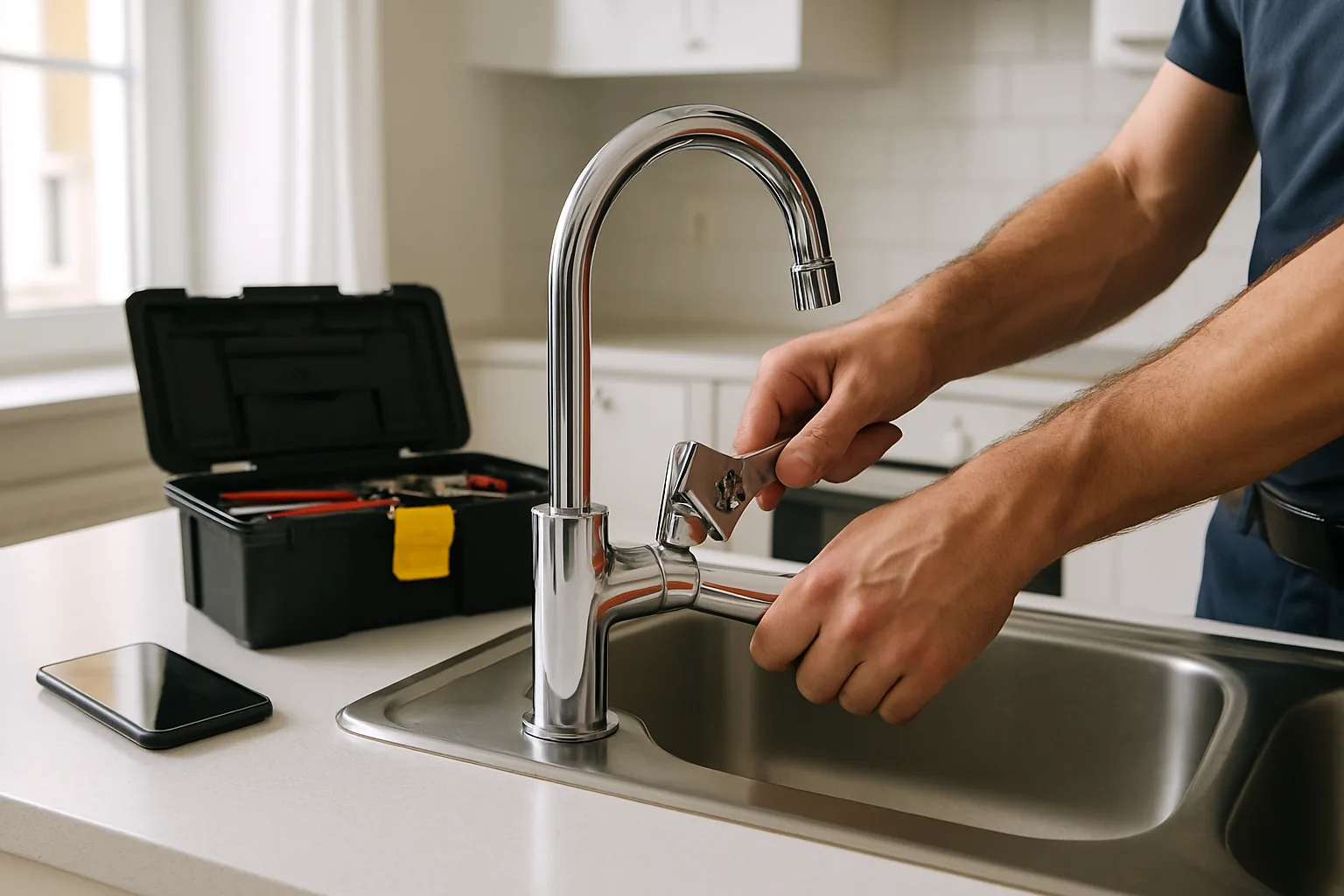 Maintenance technician tightening a kitchen faucet in a rental with a toolbox and phone on the counter