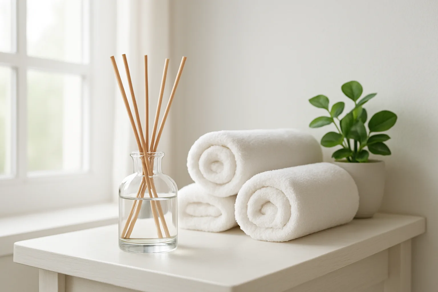 Clear glass reed diffuser with rattan reeds on a bathroom shelf beside rolled white towels and a small green plant