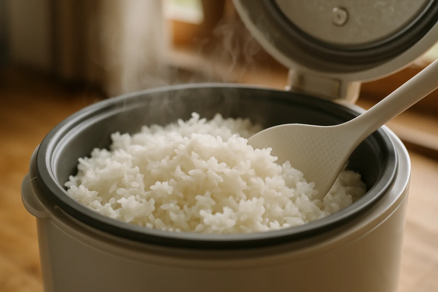 Fluffy steaming white rice in a rice cooker inner pot with a rice paddle