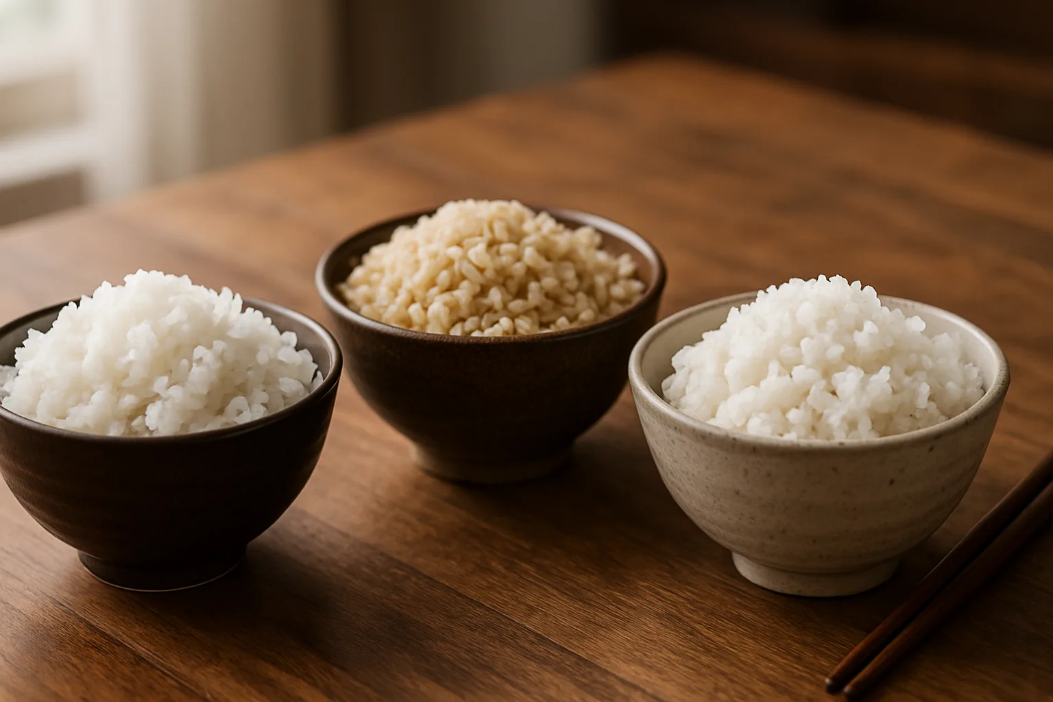 Three bowls of cooked rice on a wooden table with chopsticks