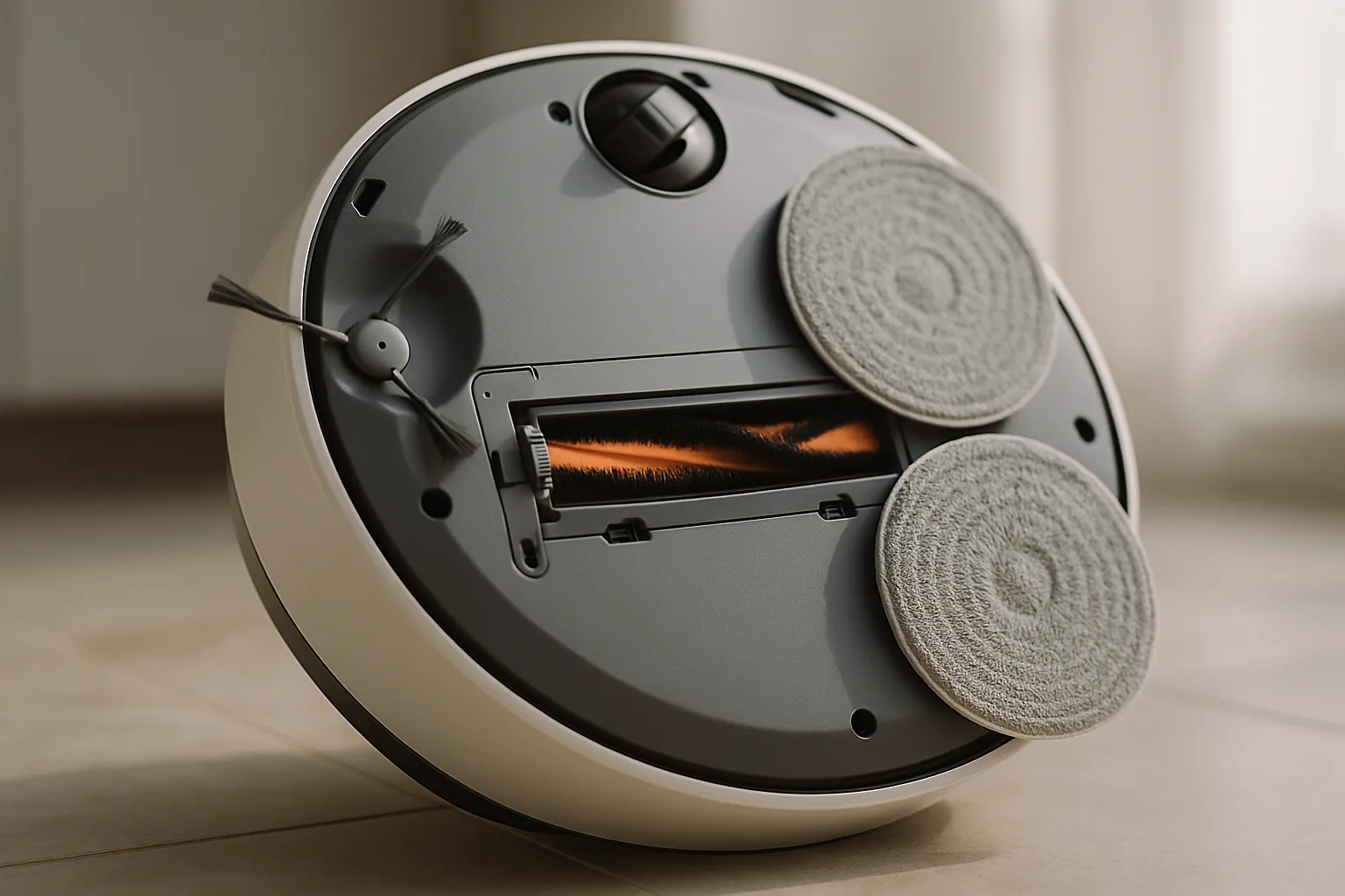 Underside of a robot vacuum and mop showing a bristled roller brush, a side brush and two round spinning mop pads