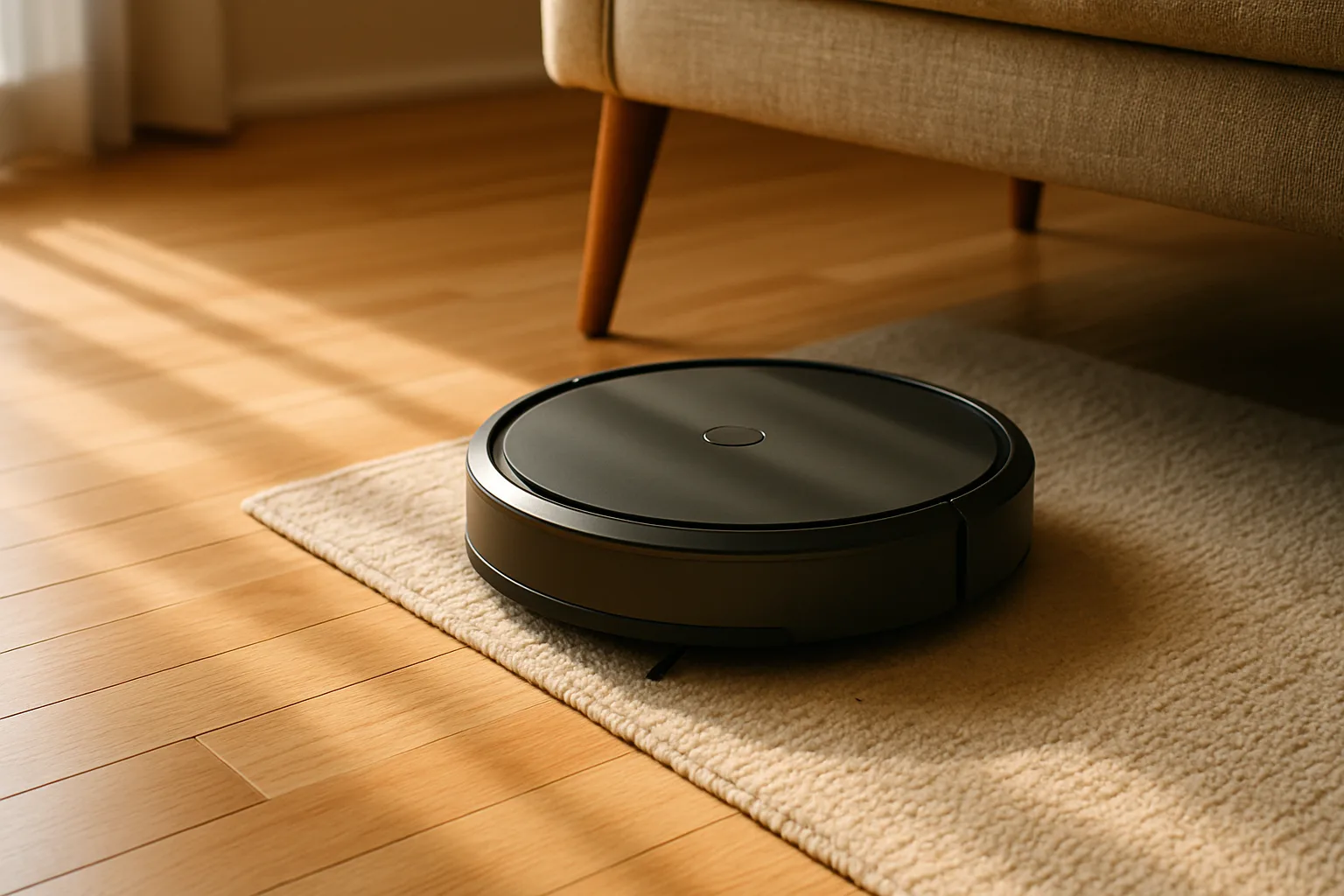 Slim dark robot vacuum moving from a hardwood floor onto a low-pile rug beside a sofa