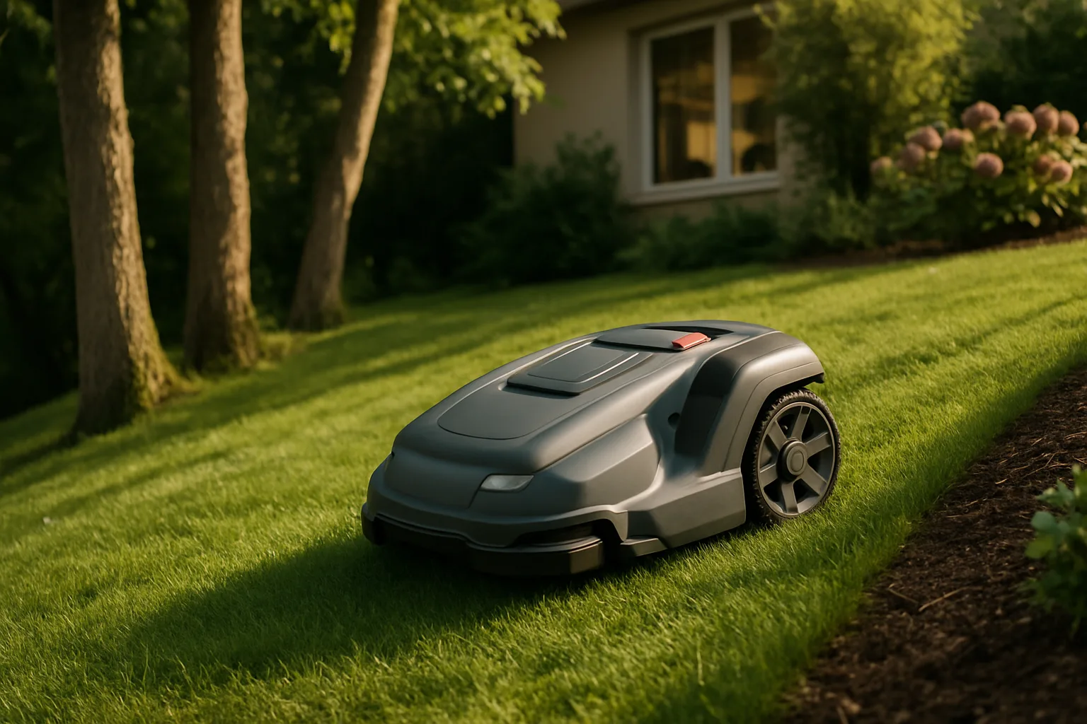 A robot lawn mower working a sloped backyard lawn near trees and a garden bed