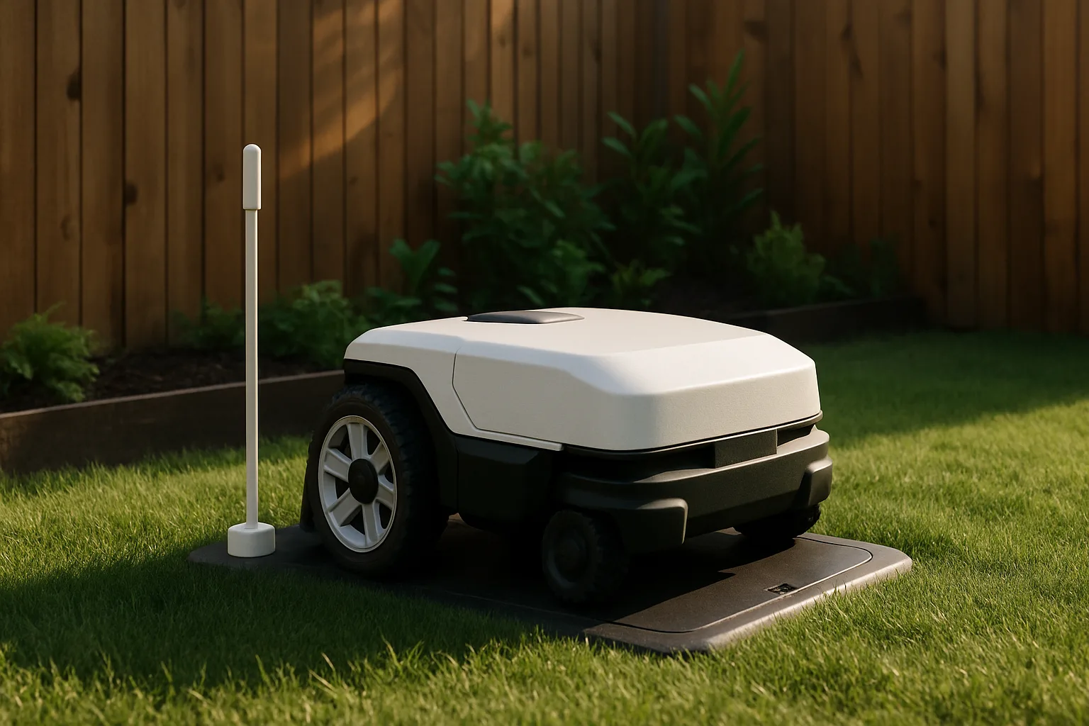 A robot lawn mower parked on its charging pad beside a small RTK antenna at the edge of a lawn
