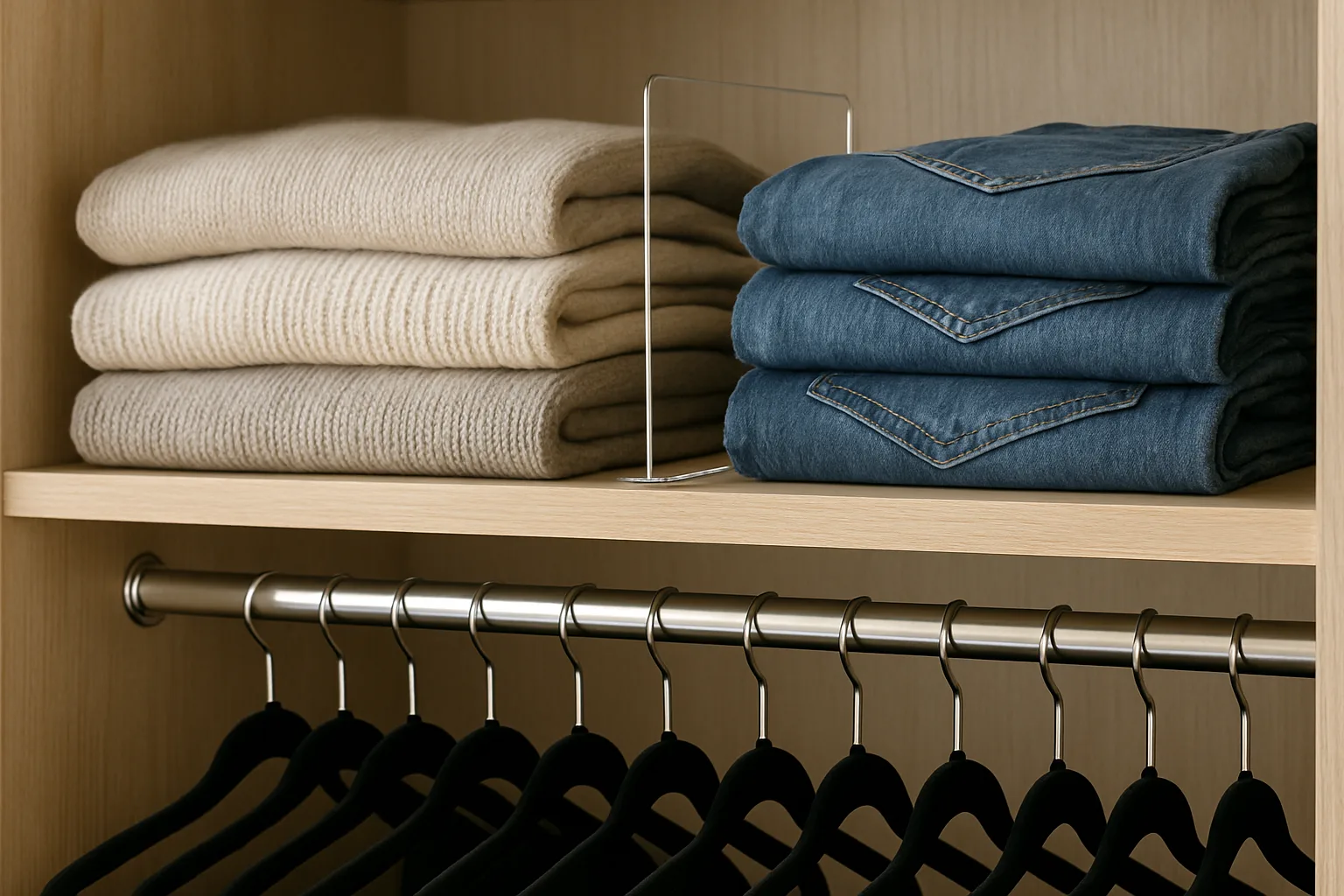 Closet shelf with a clear acrylic divider between folded sweaters and jeans above a row of matching slim black velvet hangers