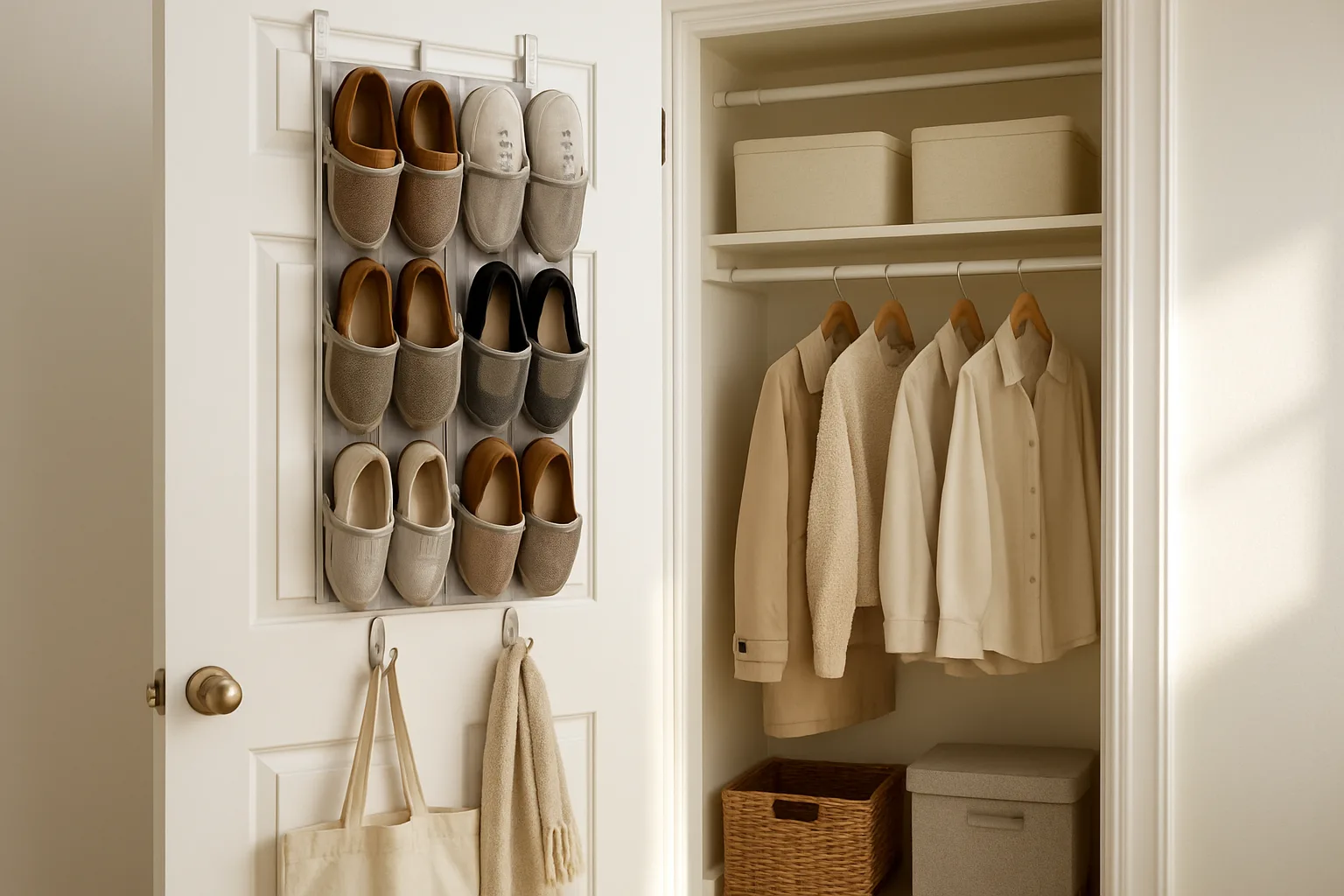 Back of a closet door with a clear-pocket over-the-door shoe organizer and two hooks holding a tote bag and scarf, next to a tidy hall closet
