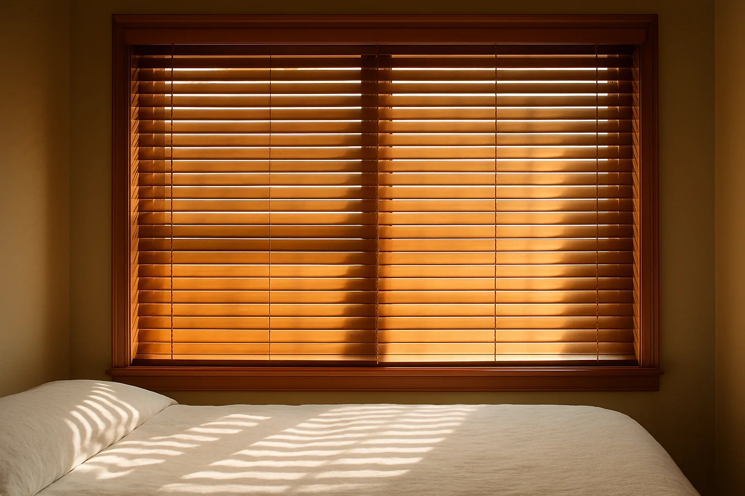 Real wood horizontal blinds tilted partly open in a bedroom with sunlight falling in stripes across the bed