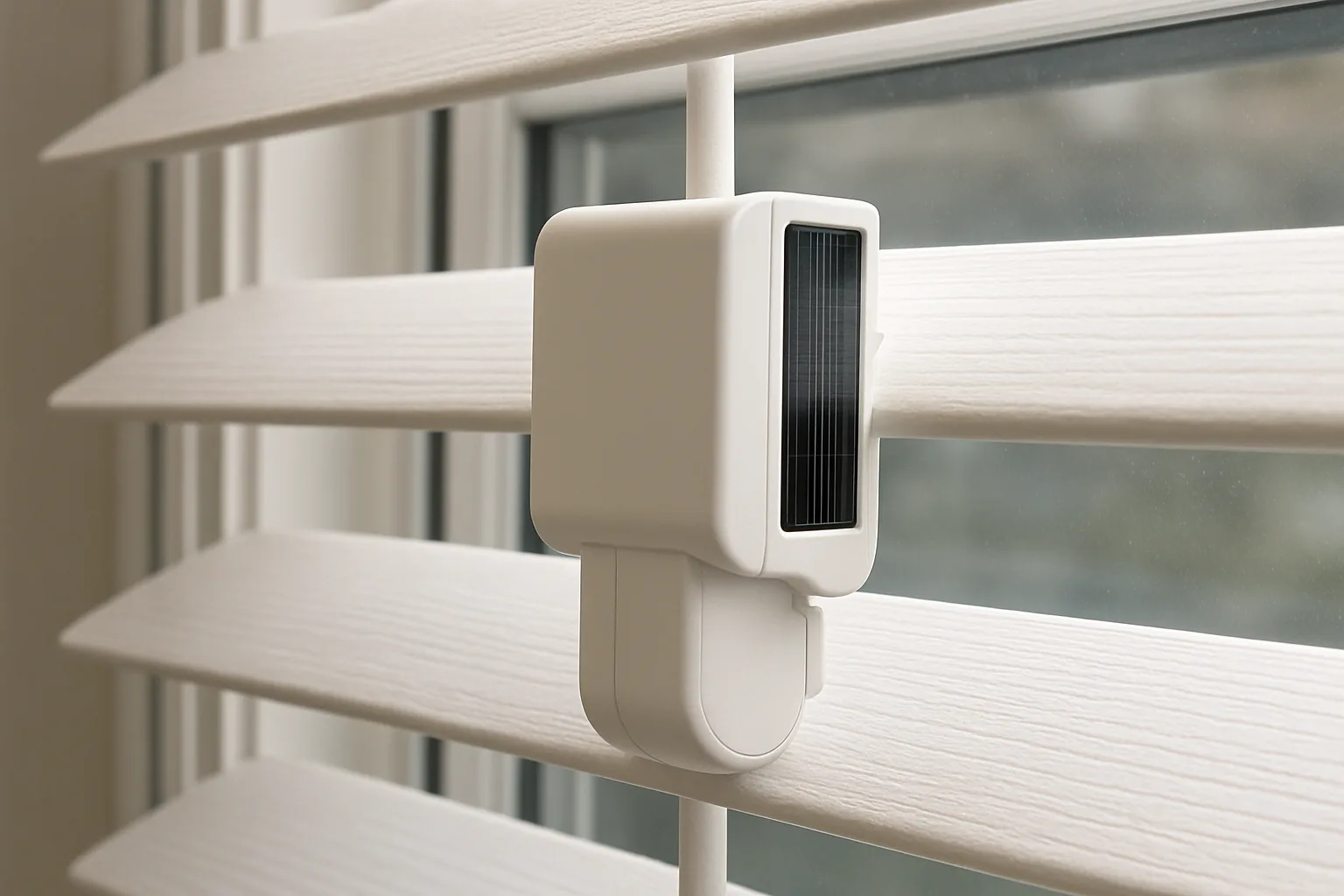 Small white battery-powered tilt motor attached to the tilt rod of white horizontal faux-wood blinds