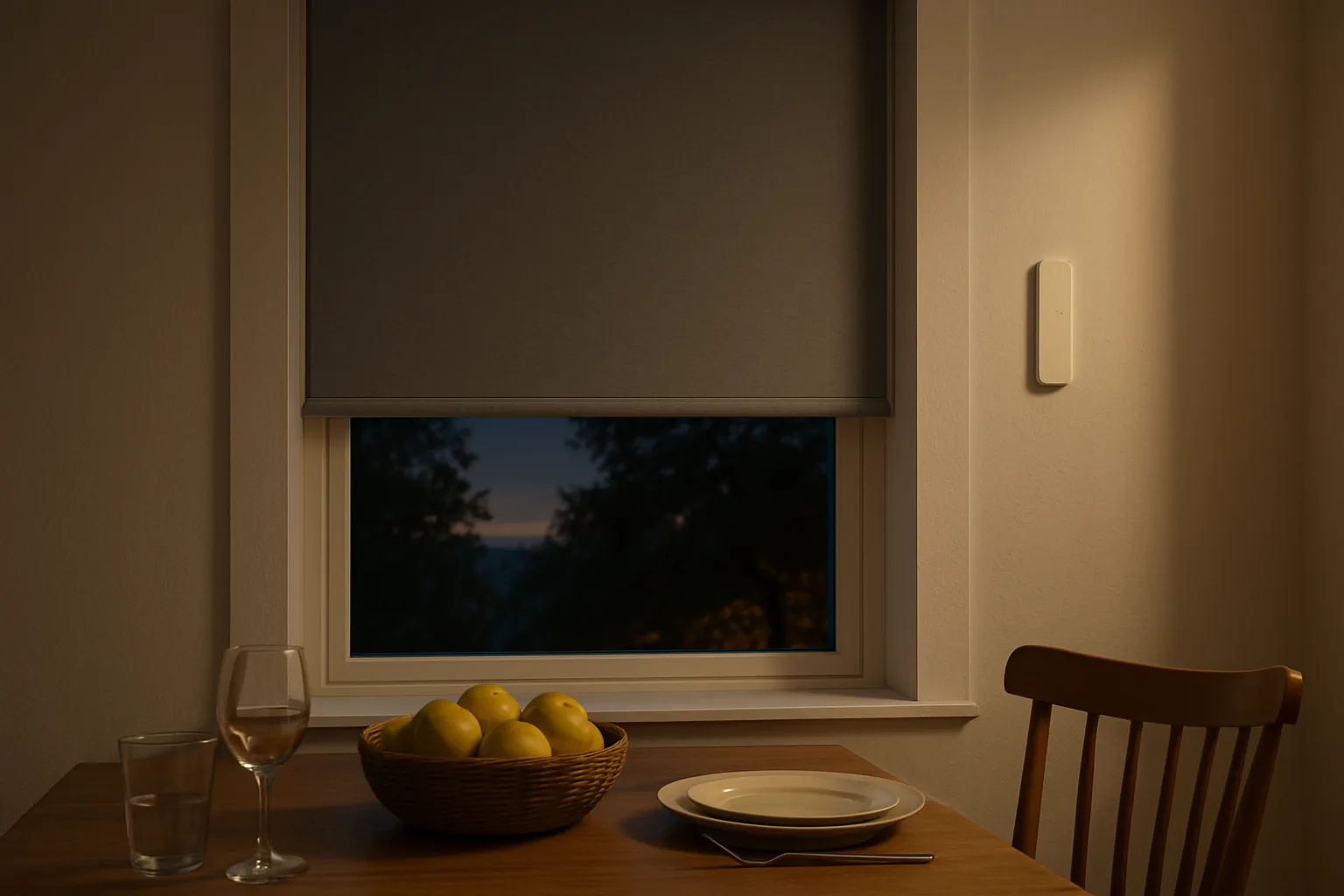 Gray blackout roller shade partly lowered over a dining room window at dusk with a slim wall remote beside it