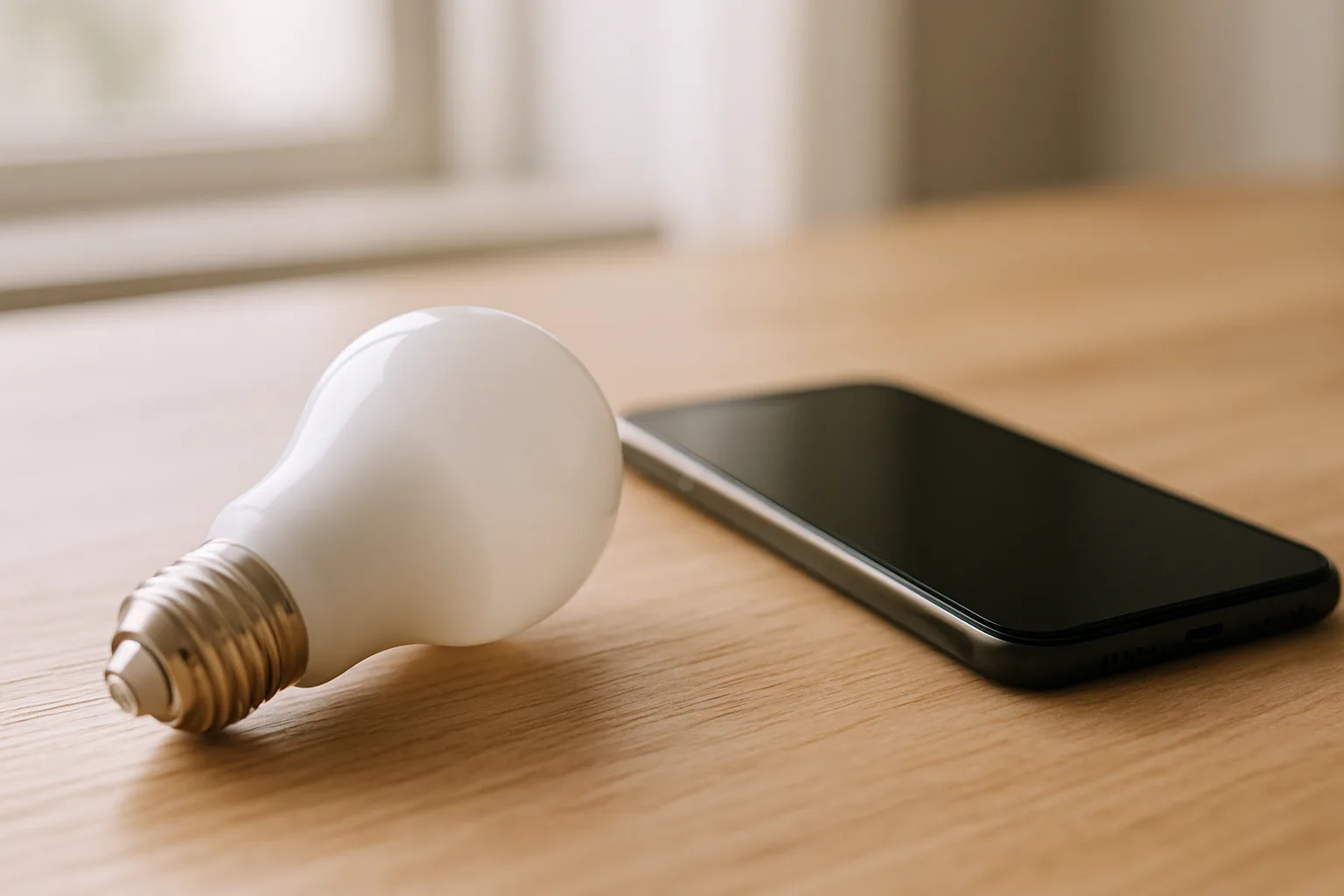 A plain frosted white smart LED bulb lying on a wooden table beside a smartphone