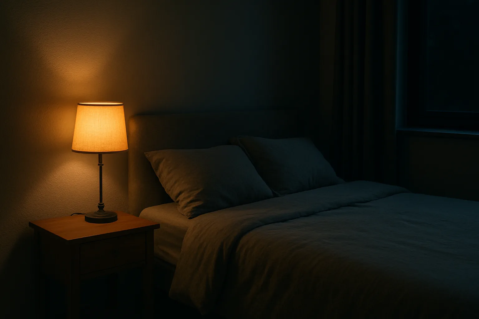 A bedside lamp glowing a dim warm amber light beside a made bed at night
