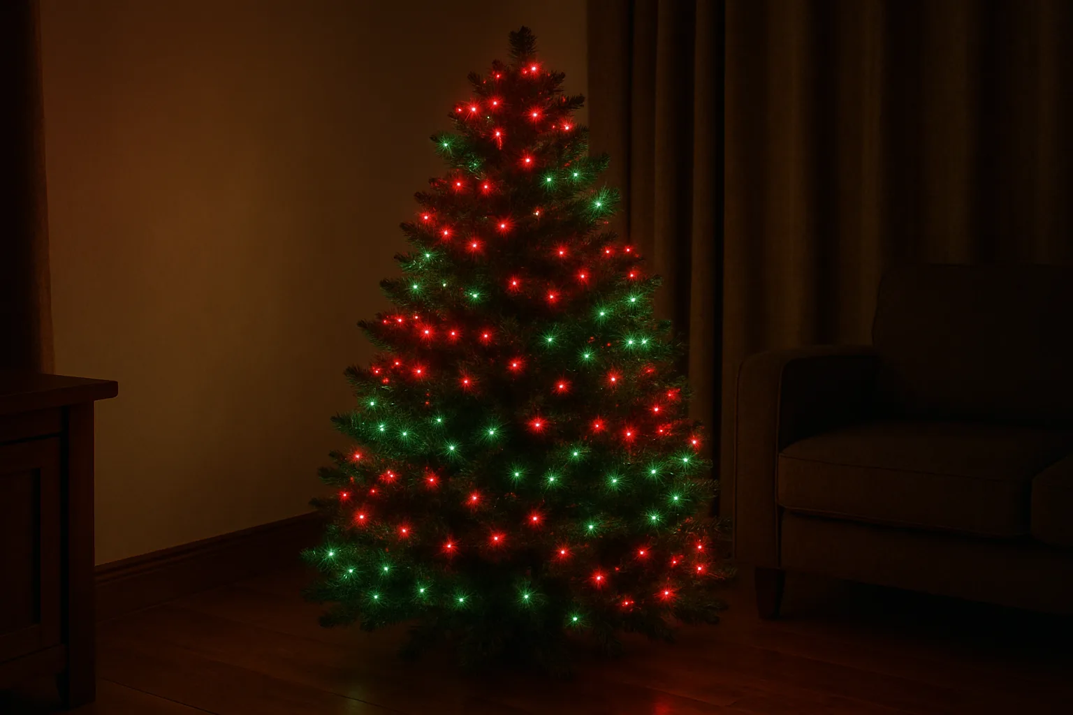Artificial Christmas tree lit by smart string lights glowing red and green in a dim living room