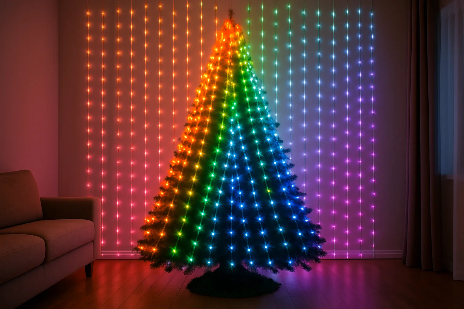 Smart LED strands running in straight vertical lines down an artificial Christmas tree in a rainbow gradient